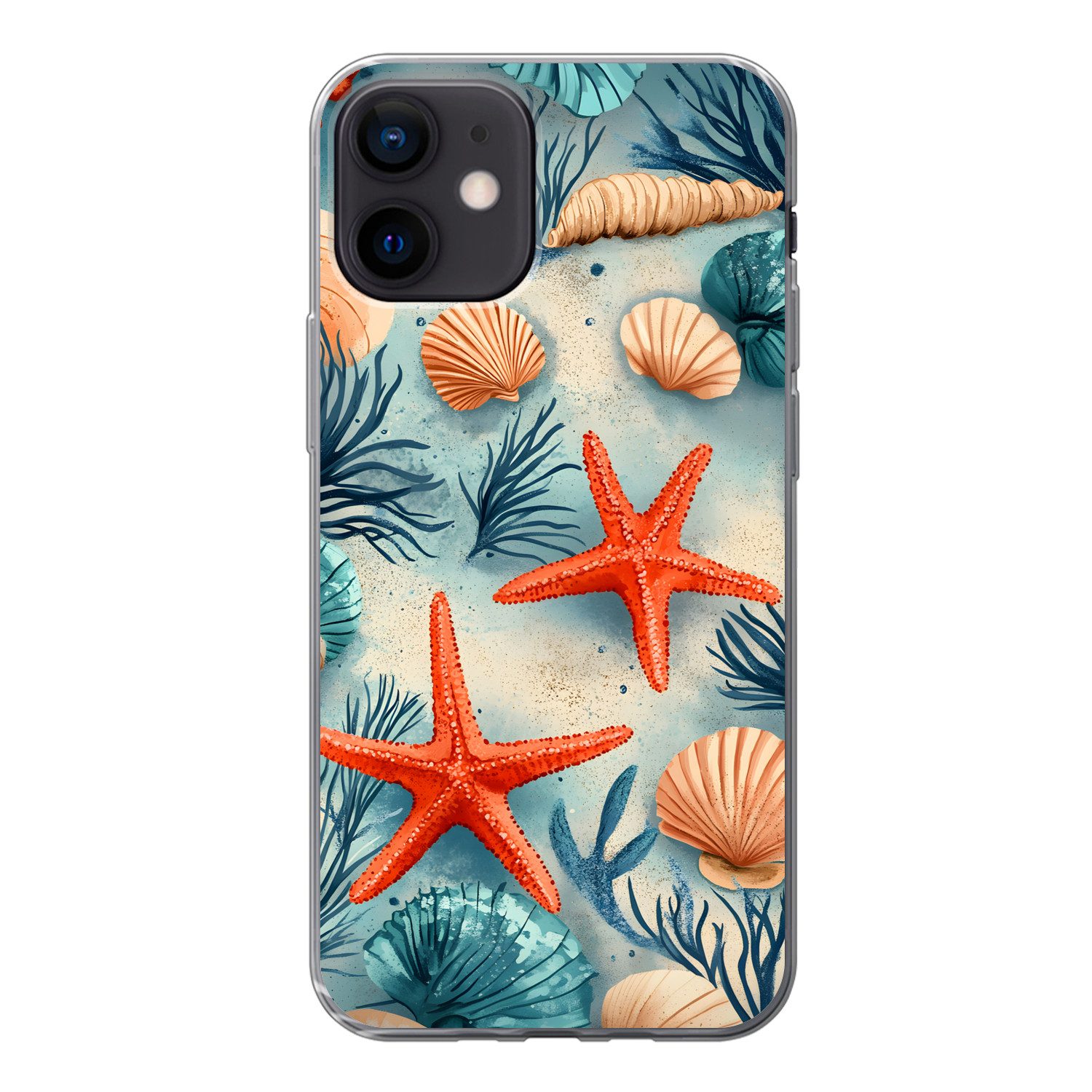 MuchoWow Handyhülle für Apple iPhone 12 Seesterne - Muscheln - Illustration - Sand, Smartphone-Bumper, Print, Handy Schutzhülle Dünn