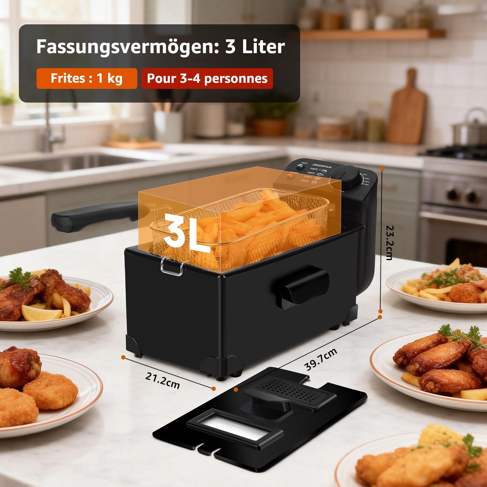 Aigostar Fritteuse mit öl-3L, friteuse mit Sichtfenster, stufenloser Temperaturregler bis 190°C, 2200 W, Temperaturregler bis 190°C, Überhitzungsschutz, Einfach zu Reinigen