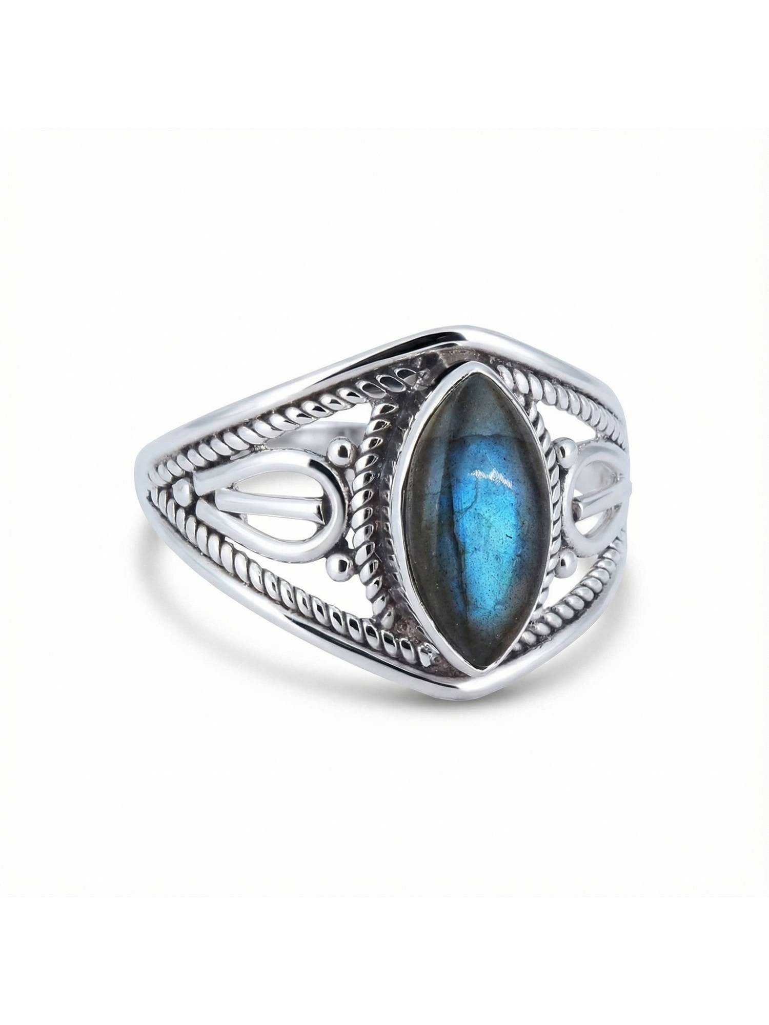 mantraroma Silberring DAHAB Ellipse aus 925 Silber mit Labradorit (Ring mit Schmuckbeutel), Damenring aus 925er Silber