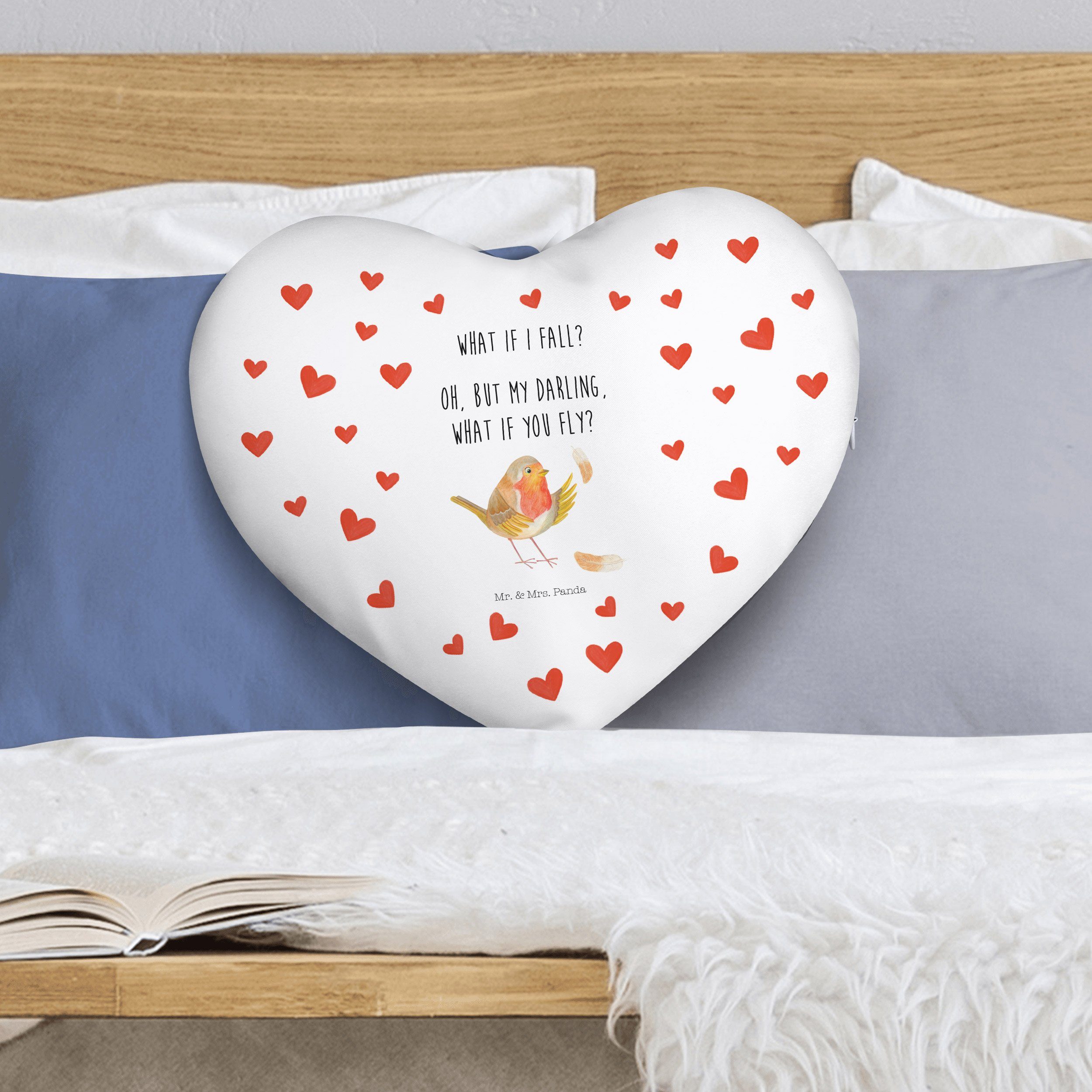 Rotkehlchen - lustig Federn Weiß Herz, - & Geschenk, Kissen, mit Mr. Panda Tiere, Dekokissen Mrs.
