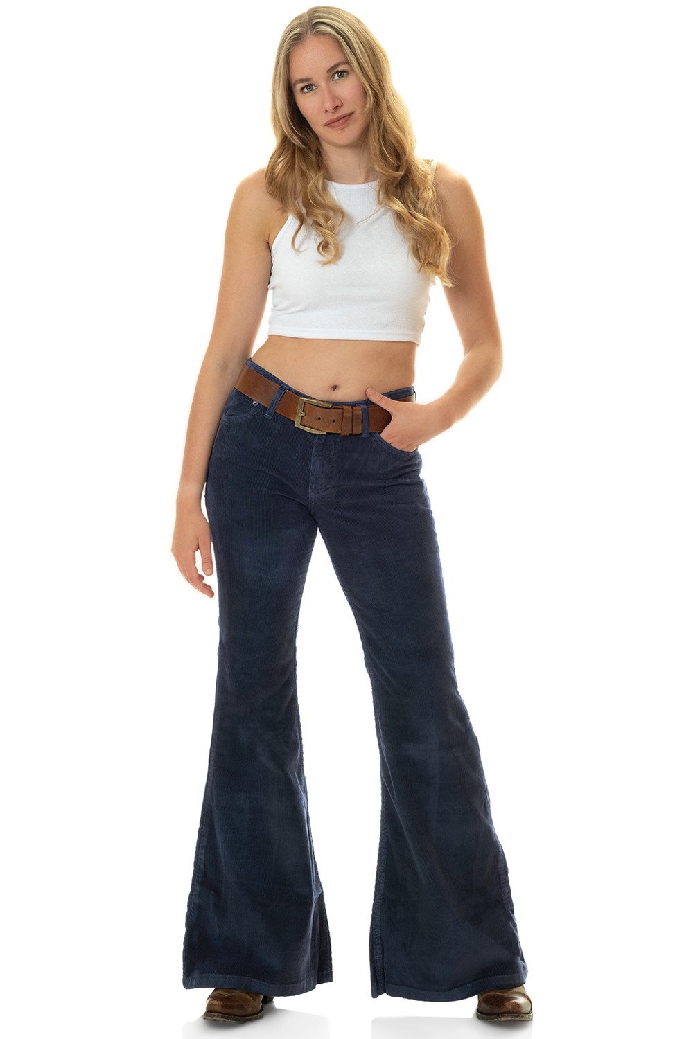 Comycom Schlaghose Damen Cord navy blau, Flared Hose