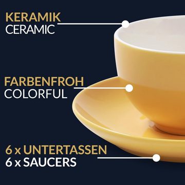Cosumy Cappuccinotasse 6 Cappuccino Tassen Farbig, Keramik, 6er Set aus Keramik Weiß - Mit Untertassen - Hält Lange warm - Spülmaschinenfest - 180ml