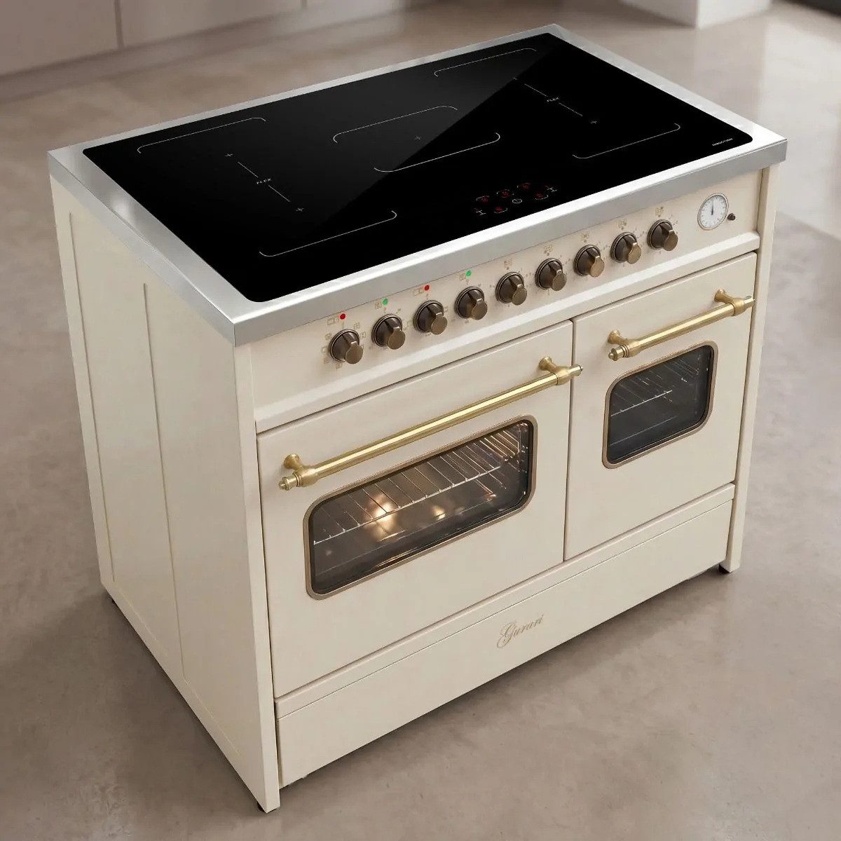 GURARI Induktions Herd-Set Retro Elektro Standherd 90 cm, Range Coocker mit FLEX Induktion und 2 Backofen+Dunstabzugshaube 90cm,Creme GCH E 913 DF CR+GCH F 461 BG 9 N, mit 1-fach-Teleskopauszug