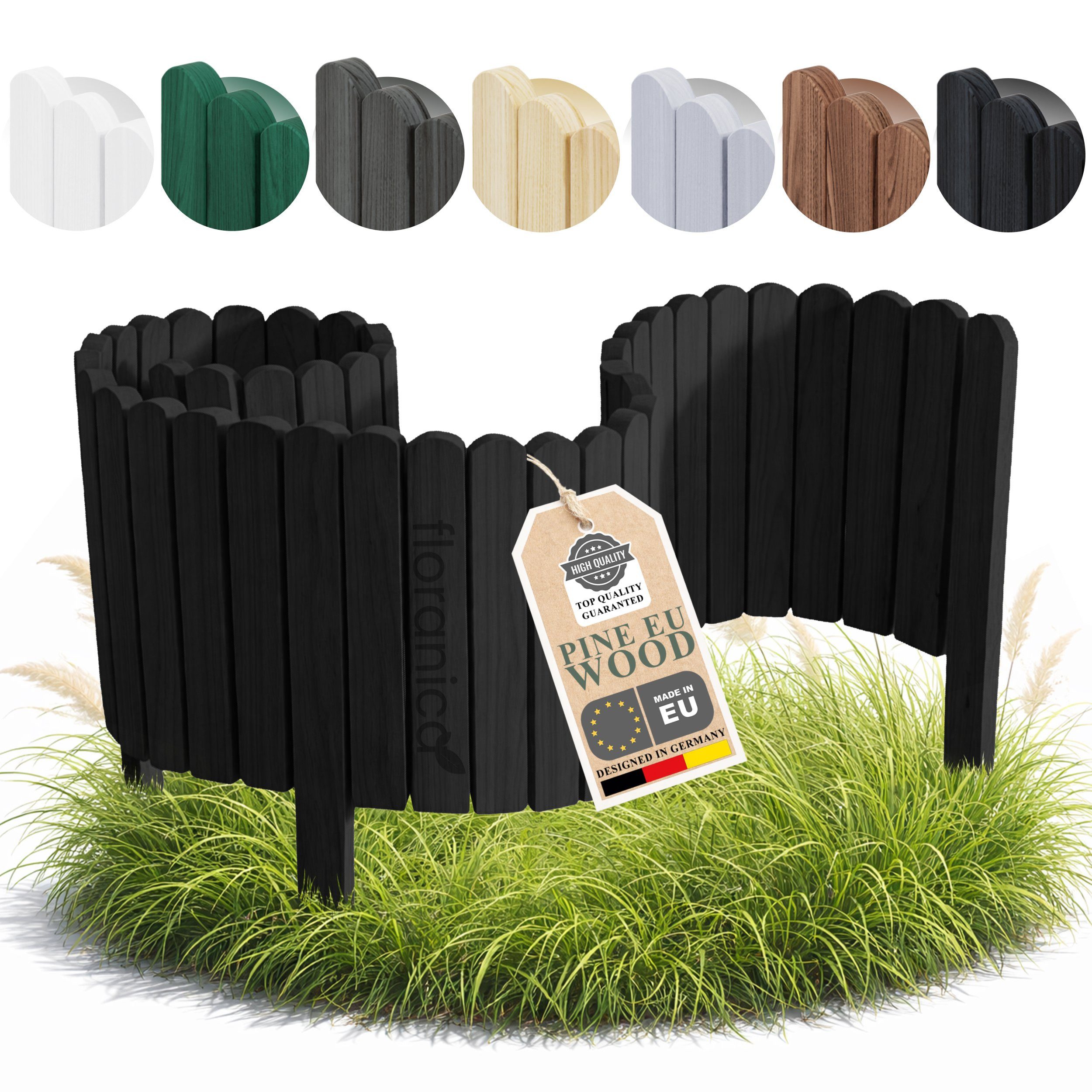 Floranica Palisade Rasenkante Beeteinfassung Beetumrandung Rollzaun Holzzaun Gartenzaun, LxH: 200x30 cm, Schwarz, Dekozaun Umzäunung für Garten Blumenbeetee Wege Rasenbegrenzung