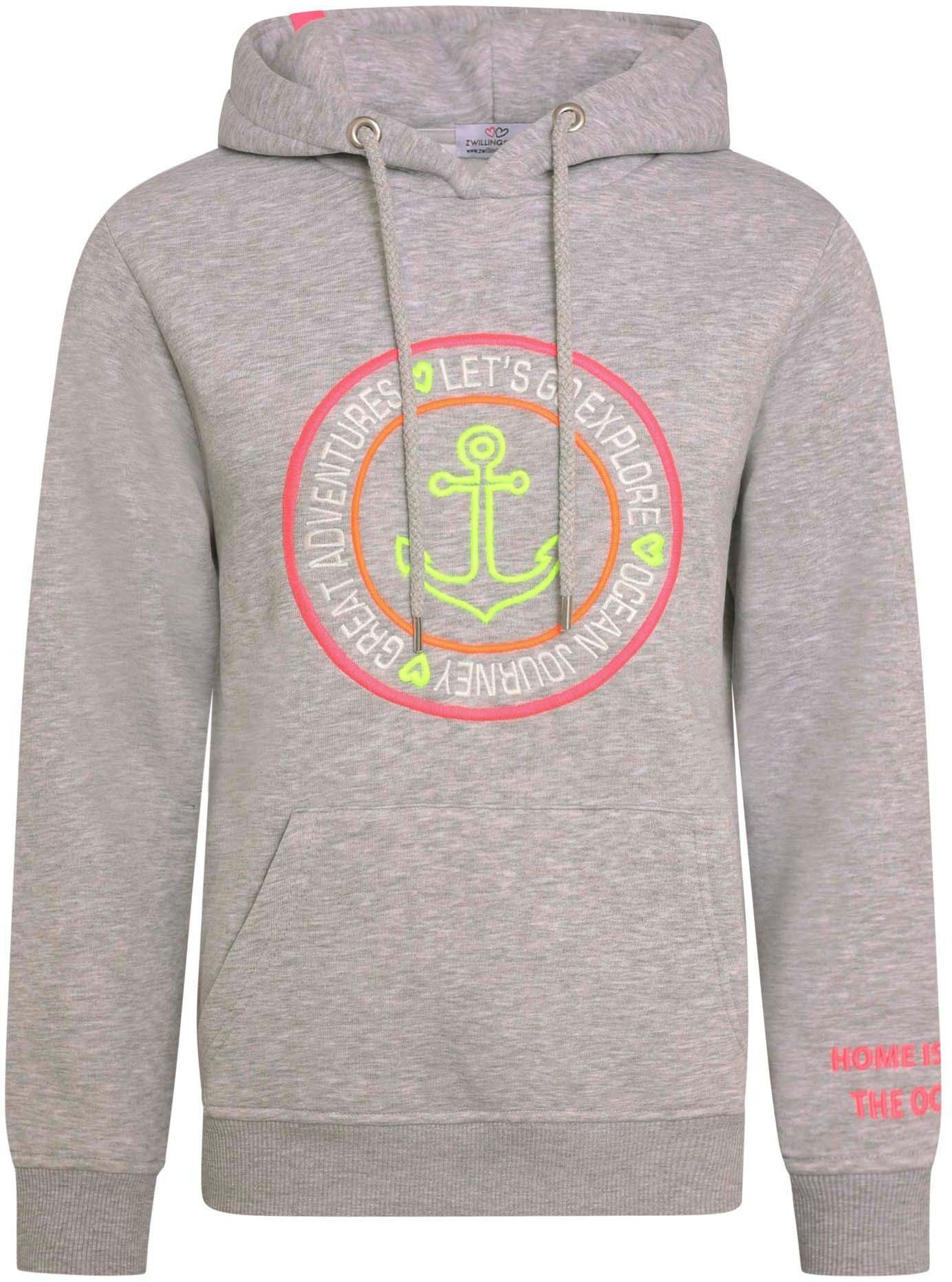 Hoodie hellgrau-meliert Zwillingsherz Ankerstickerei mit Kapuzensweatshirt