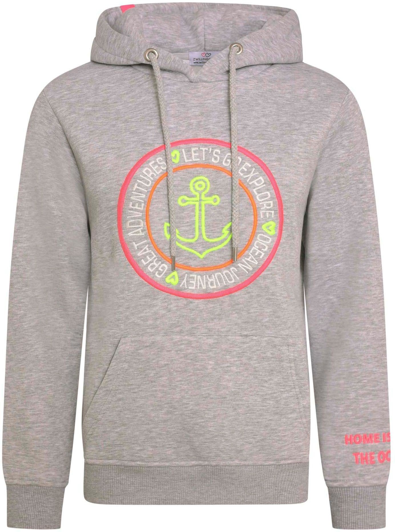 Zwillingsherz Kapuzensweatshirt mit Ankeraufstick und neonfarbenen Details günstig online kaufen