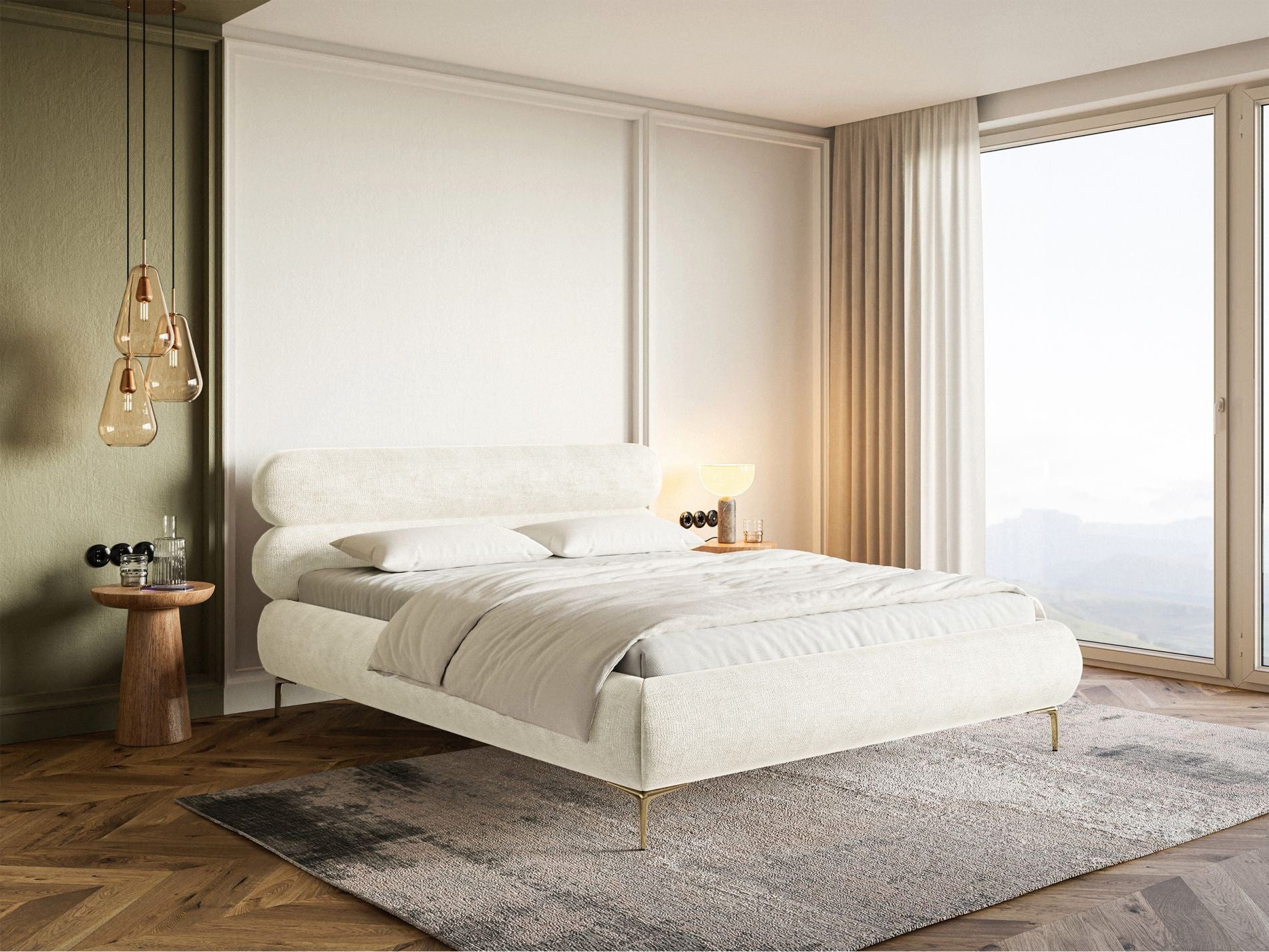 Selsey Polsterbett ROULE, mit Chenille-Bezug, Bettkasten, Lattenrost und goldfarbenen Beinen