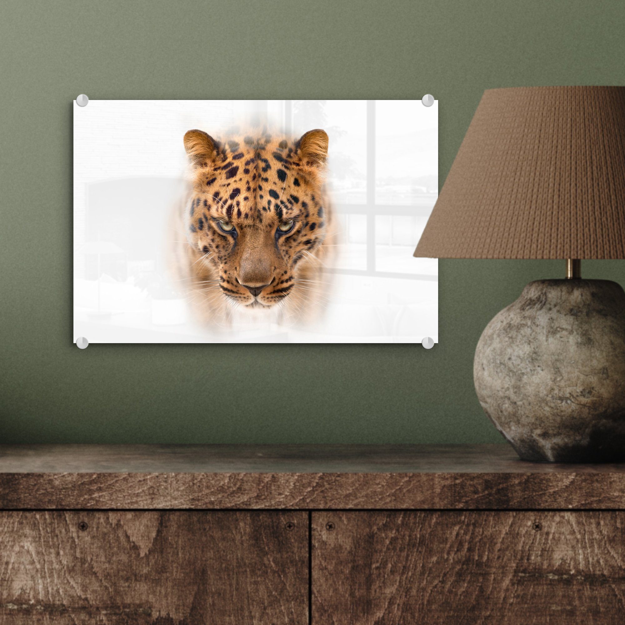 MuchoWow Acrylglasbild Leopard - Weiß - Wandbild Glas (1 Foto - Glasbilder Glas Wanddekoration - St), Bilder auf - Gesicht, auf
