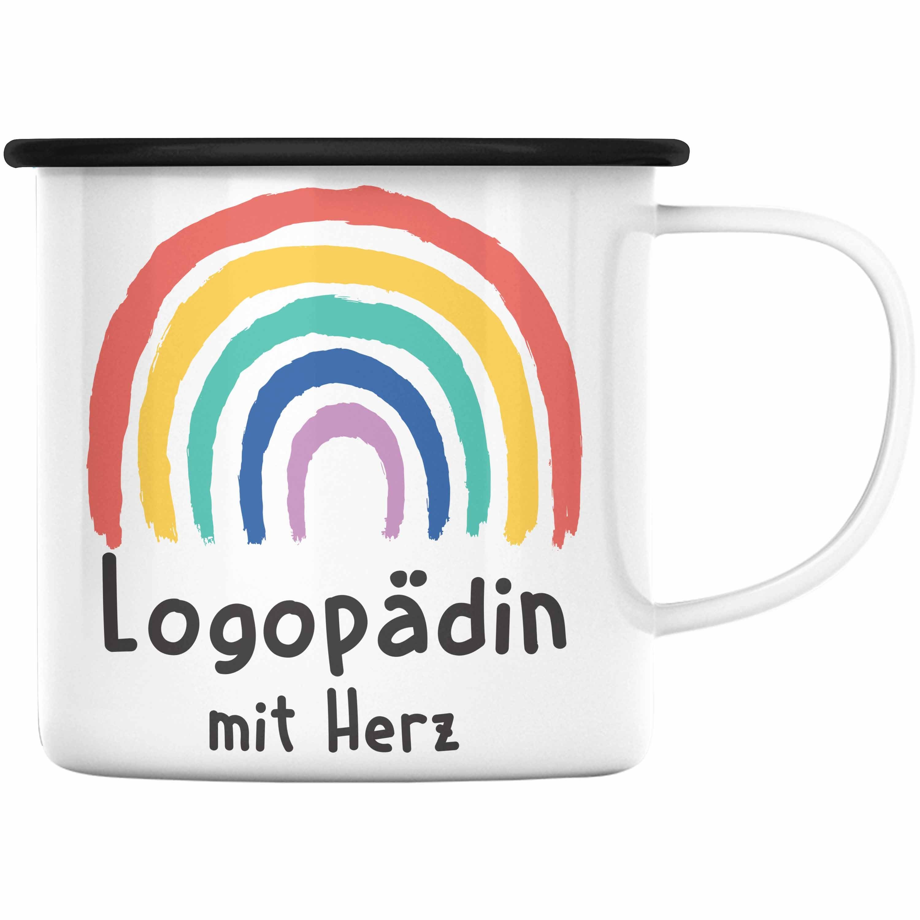 Trendation Thermotasse Trendation Danke Zubehör Dankeschön Geschenk KaffeeEmaille Tasse Herz Logopädin mit mit Schwarz - Emaille Spruch Tasse