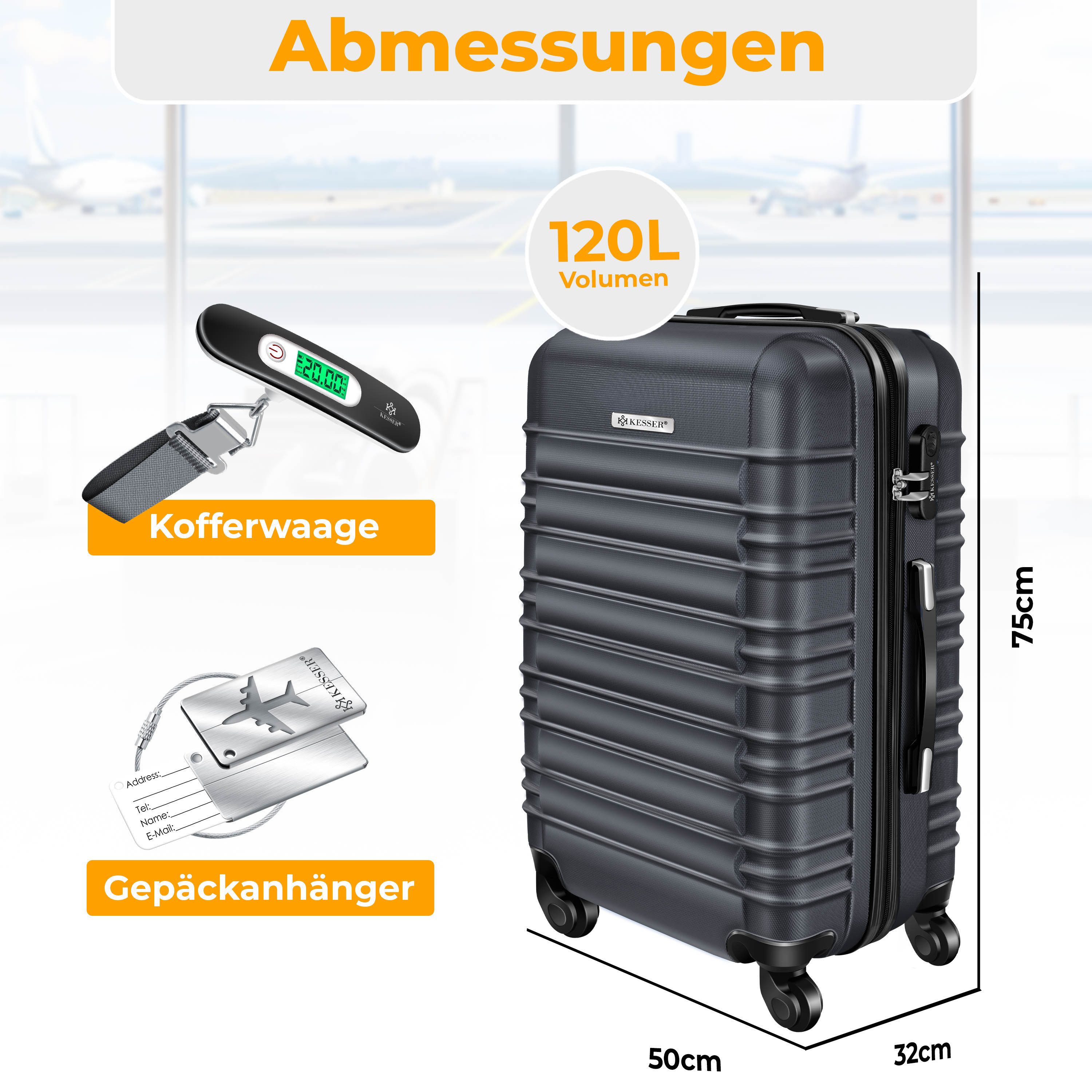 KESSER Hartschalen-Trolley Reisekoffer 120L Koffer Inkl. Kofferwaage + Gepäckanhänger, 4 Rollen, Rollkoffer ABS-Hartschale mit 4 Rollen, Zahlenschloss & Teleskopgriff
