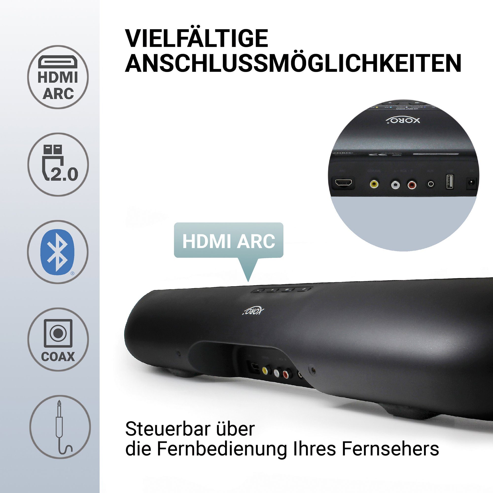 Xoro HSB 70 2.0 Soundbar USB Anschluss Bluetooth HDMI ARC Soundbar 2 (60 W, Kraftvolle 60‑W‑Soundbar mit HDMI ARC und integriertem USB‑Player)