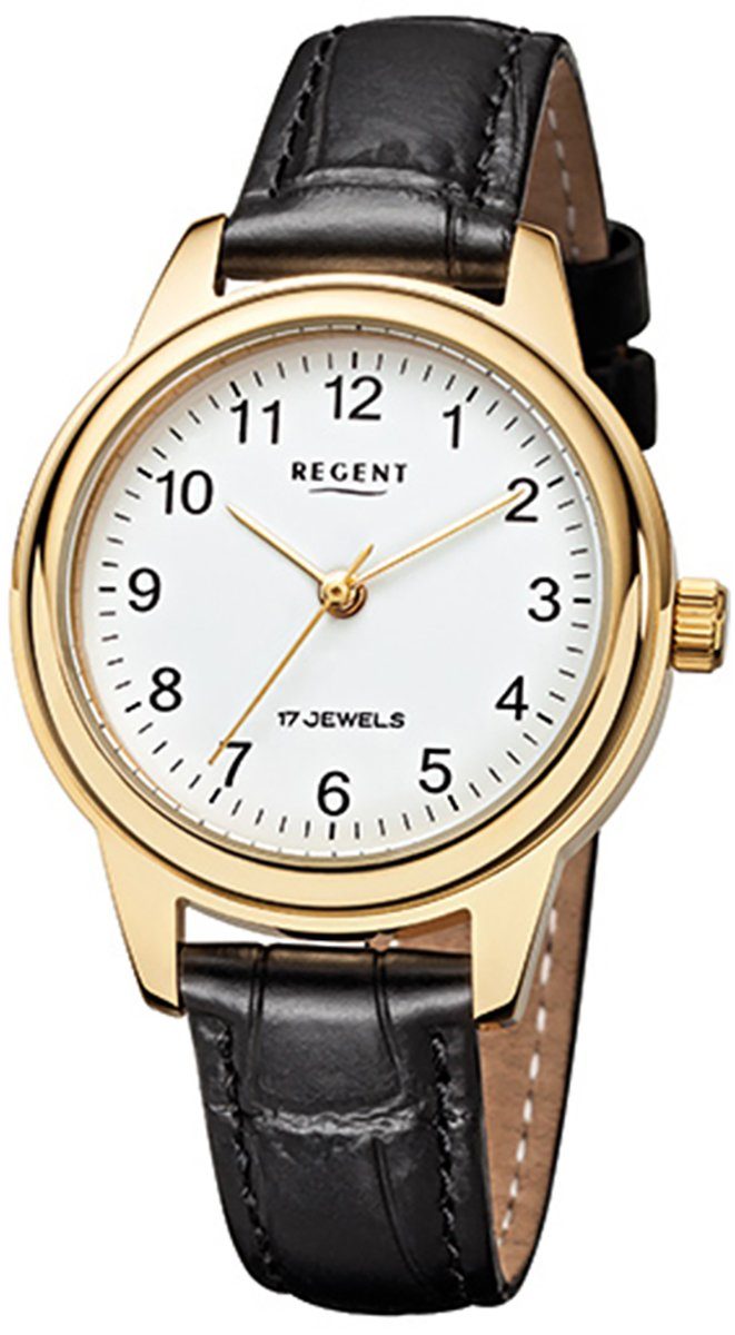 Regent Quarzuhr Regent Damen-Armbanduhr schwarz Analog, Damen Armbanduhr rund, mittel (ca. 31mm), Lederarmband