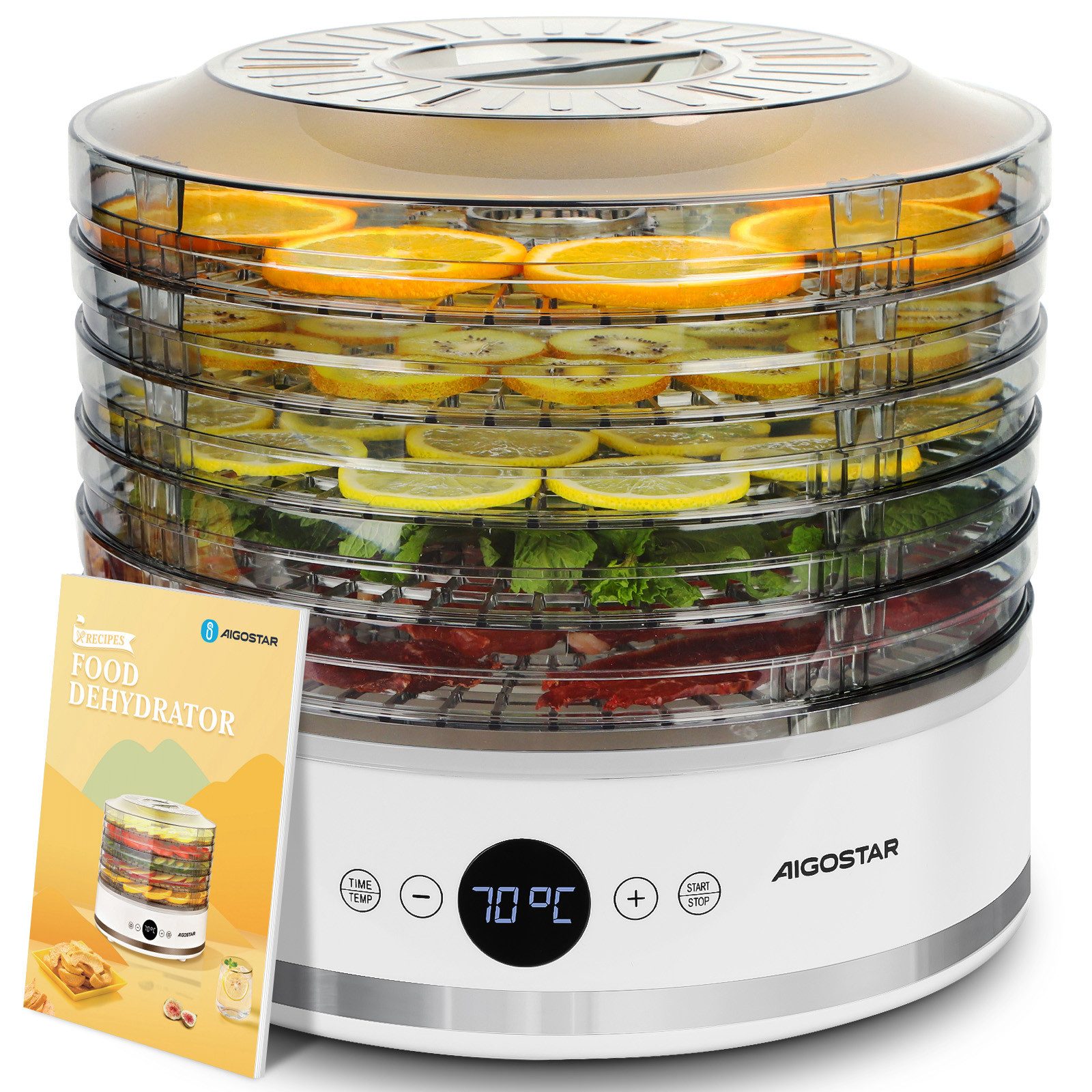 Aigostar Dörrautomat Dörrgerät mit "FAN"-Modus, Temperatur 35-70°C, 5 höhenverstellbaren 380 W, 5 Etagen, LED-Anzeige, 48h-Timer, leiser Betrieb, BPA-frei, Rezeptbuch inklusive