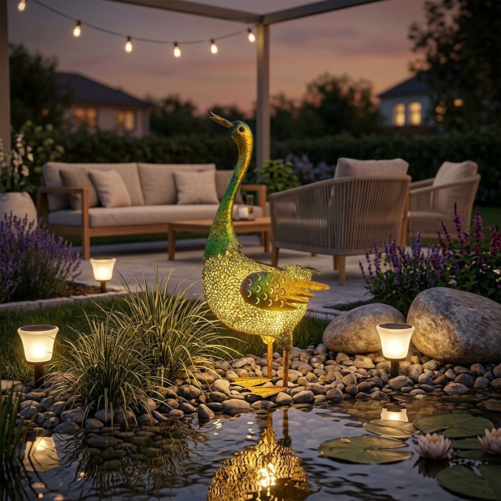 Harms Import LED Dekofigur, LED-Leuchtmittel fest verbaut, Neutralweiß, LED Solar Ente Gartenskulptur Außenbereich Gartendeko grün gelb H 63cm