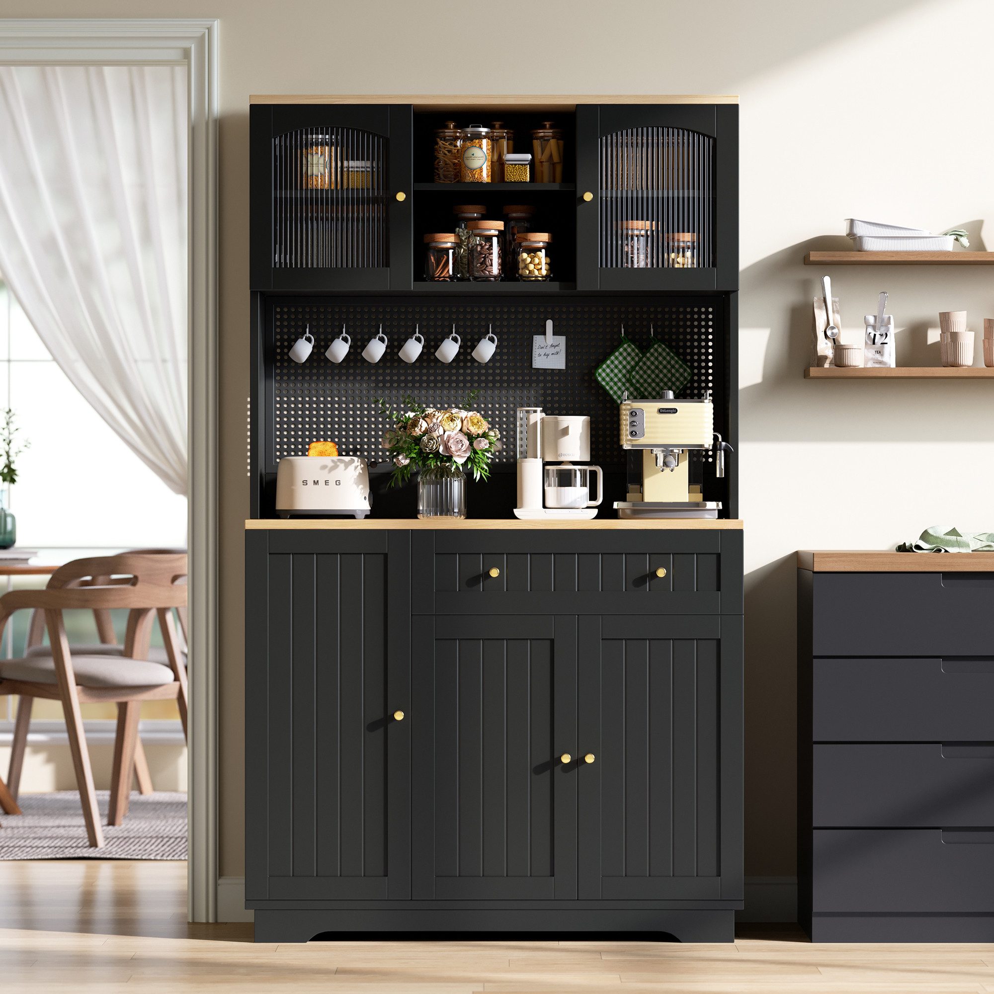 Celya Vitrine Küchenschrank, Hochschrank mit verstellbaren Einlegeböden (103.5× 40 × 180 cm, mit 5 Tür, Lochblech und breite Schublade)