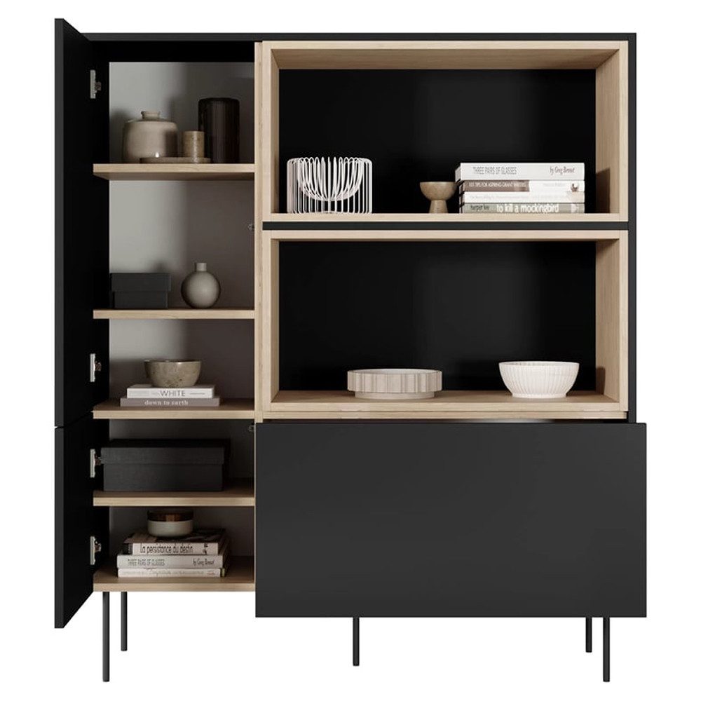 Lomadox Highboard DELFT-141, in schwarz und Eiche, 120 cm breit, grifflos