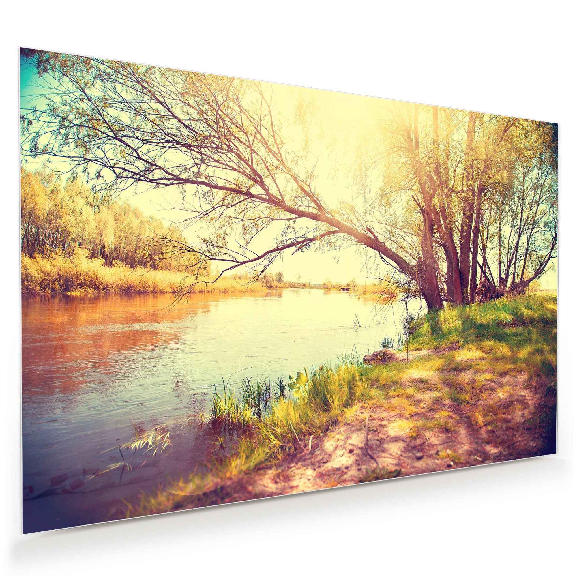 Primedeco Glasbild Wandbild Herbstlandschaft am Fluss mit Aufhängung, Natur (21 verschiedene Größen, 1 St), Elegante Aufhängung