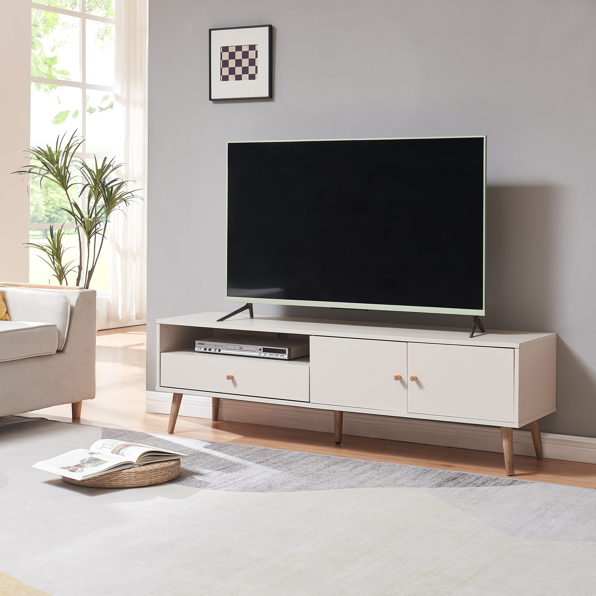 en.casa TV-Schrank »Hallevil« mit Schublade und 2 Türen 150 x 39 x 45 cm Hellgrau