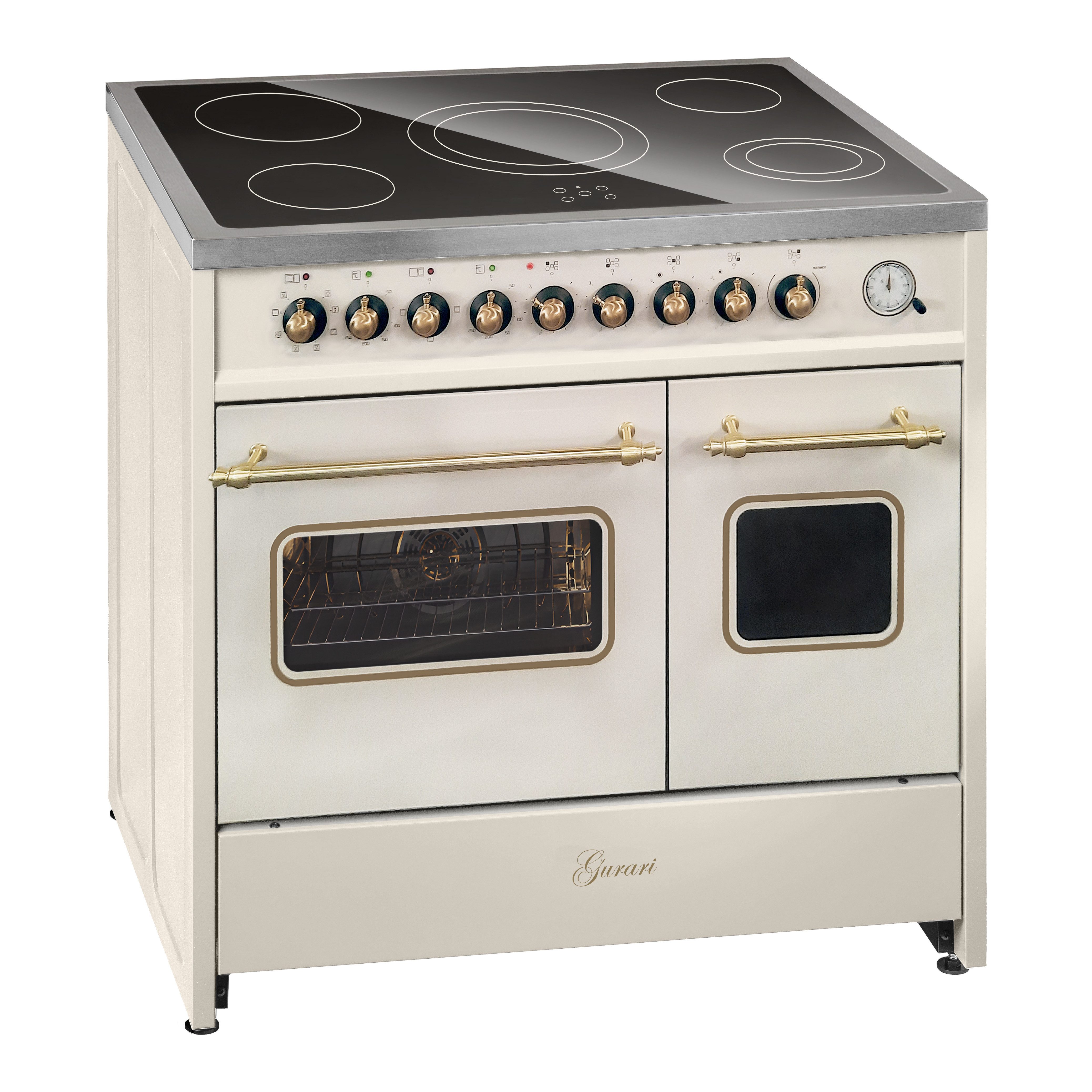 GURARI Elektro-Standherd Glaskeramik Herd 90 cm Creme Range Cooker Elektro Doppelbackofen mit Dunstabzugshaube 90 cm in Creme, Flachpaneel Wandhaube Motor 1000m³/h GCH E 912 DF Cr r+GCH 461 BG 9., mit 1-fach-Teleskopauszug, Elektro Standherd 90 cm, Doppelbackofen+Dunstabzugshaube 90cm