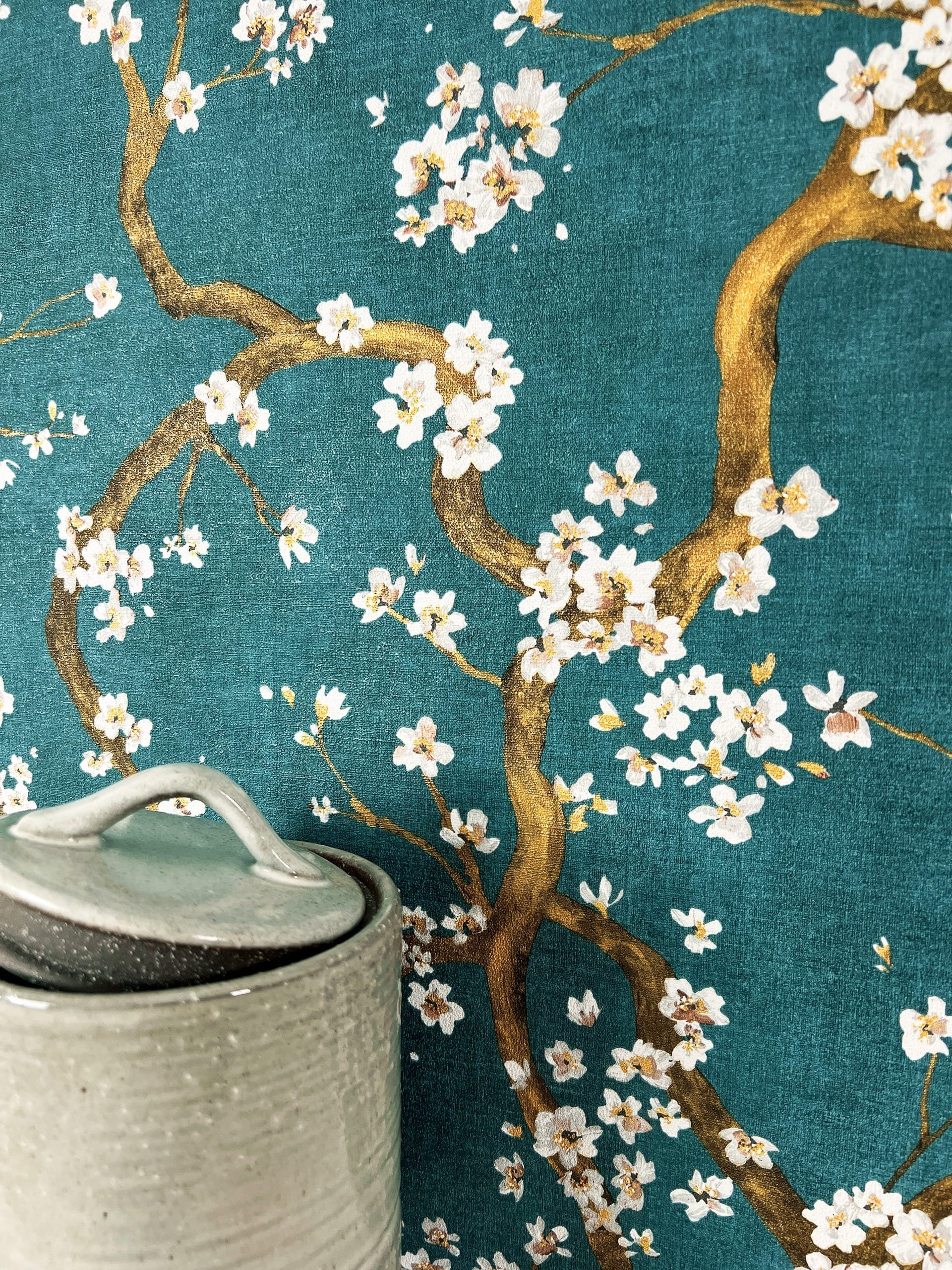 Newroom Vliestapete, Petrol Tapete Floral Kirschblüten - Mustertapete Blume günstig online kaufen