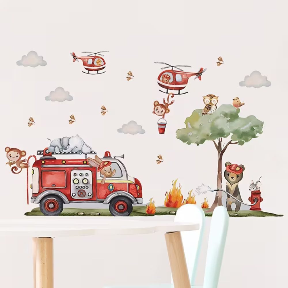 Montegoni Wandsticker Cartoon Feuerwehr Wandsticker, selbstklebend, Kinderzimmerdeko, Selbstklebend und wiederverwendbar, leicht anzubringen