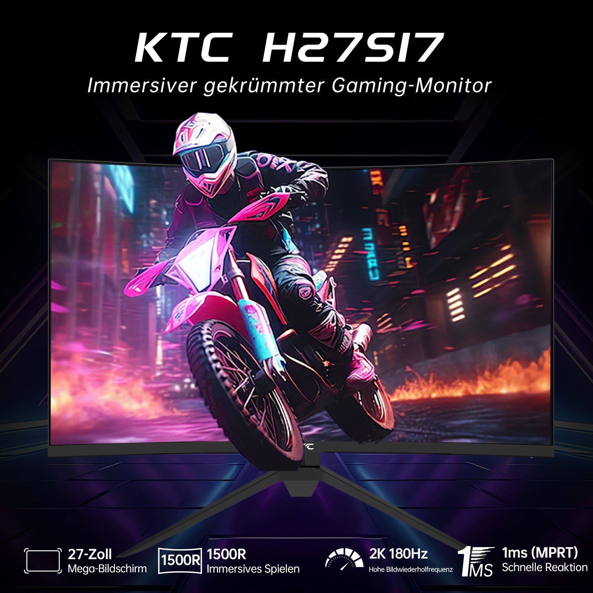KTC H27S17 Curved-Gaming-Monitor (2560 x 1440 px, QHD, 1 ms Reaktionszeit, 180 Hz, HVA, 27-Zoll 2560x1440 QHD 180Hz HVA Curved 1500R)