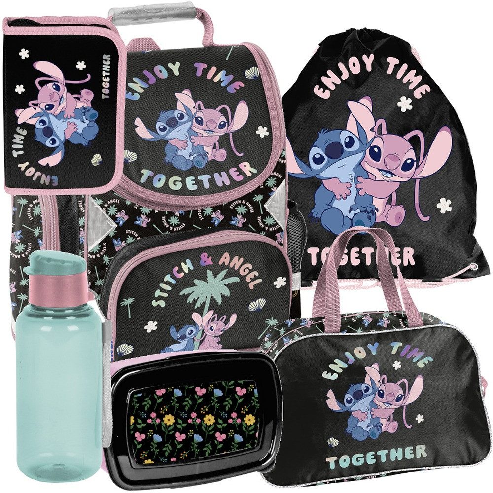 PASO Schulrucksack (Schulset, 11-tlg), Lilo & Stitch Mega Set XXL 11-teilig – Schwarz, Rosa