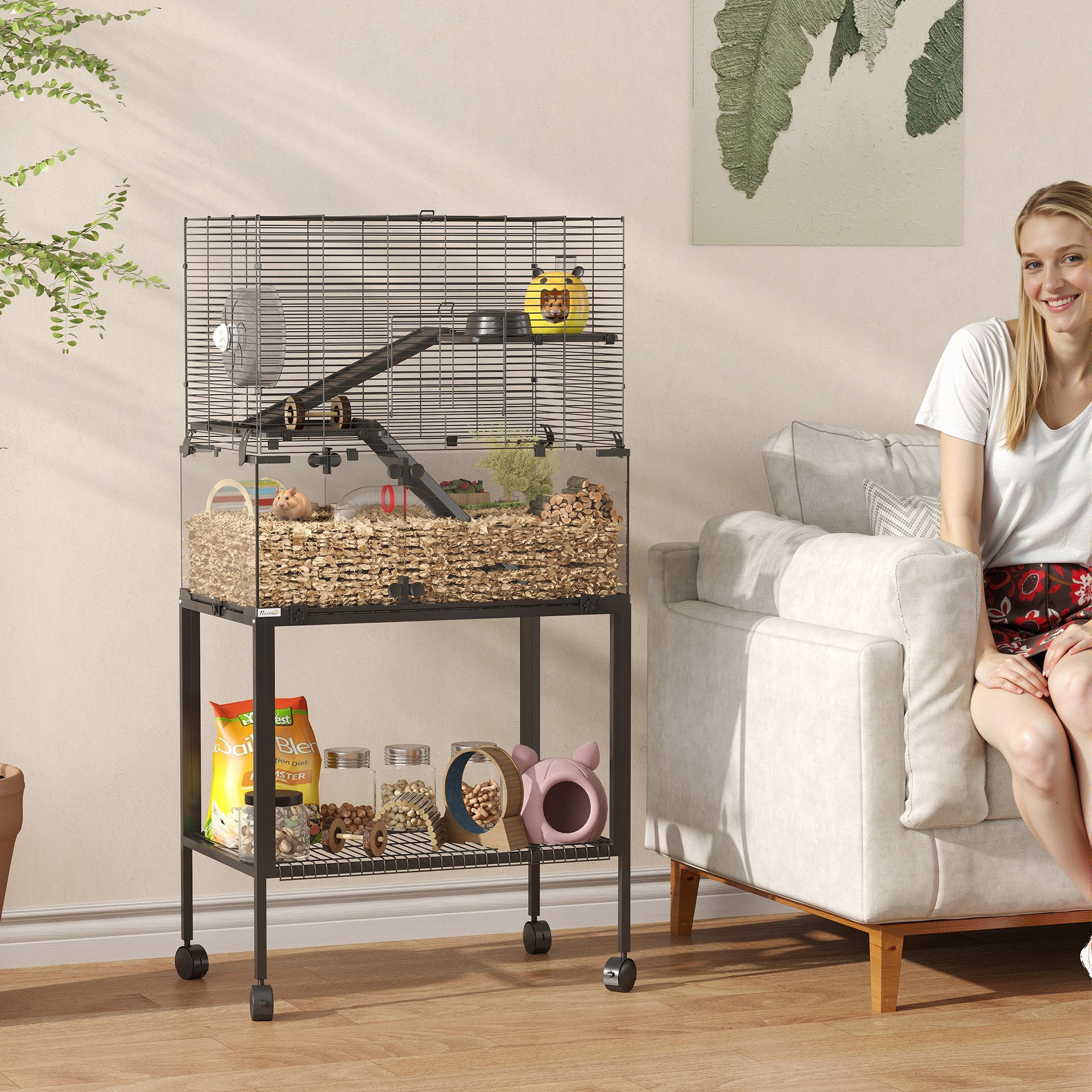 PawHut Kleintierkäfig Kleintiergehege mit 3 Ebenen, Zubehör, für Hamster, Zwerghamster, 77x49x130.5 cm, Schwarz