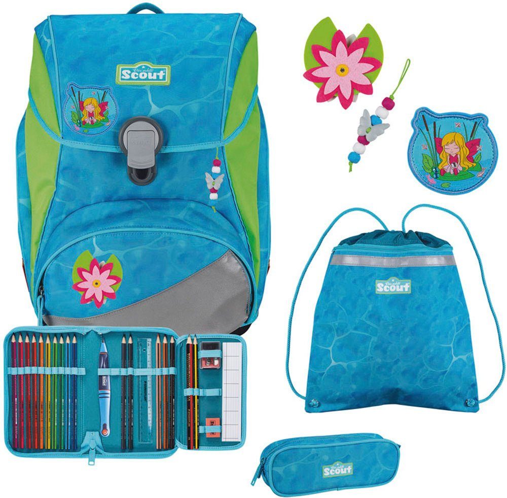 Scout Schulranzen Alpha, Water Lily (Set, 4-tlg), 2 Funny Snaps Move; enthält recyceltes Material