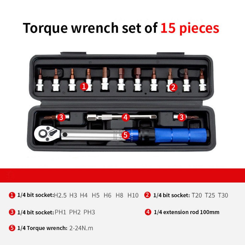 HoyoLee Handels GmbH Drehmomentschlüssel 15 Sets 1/4-Torque-Schlüssel für Fahrrad, Motorrad & Wartung (15 St)