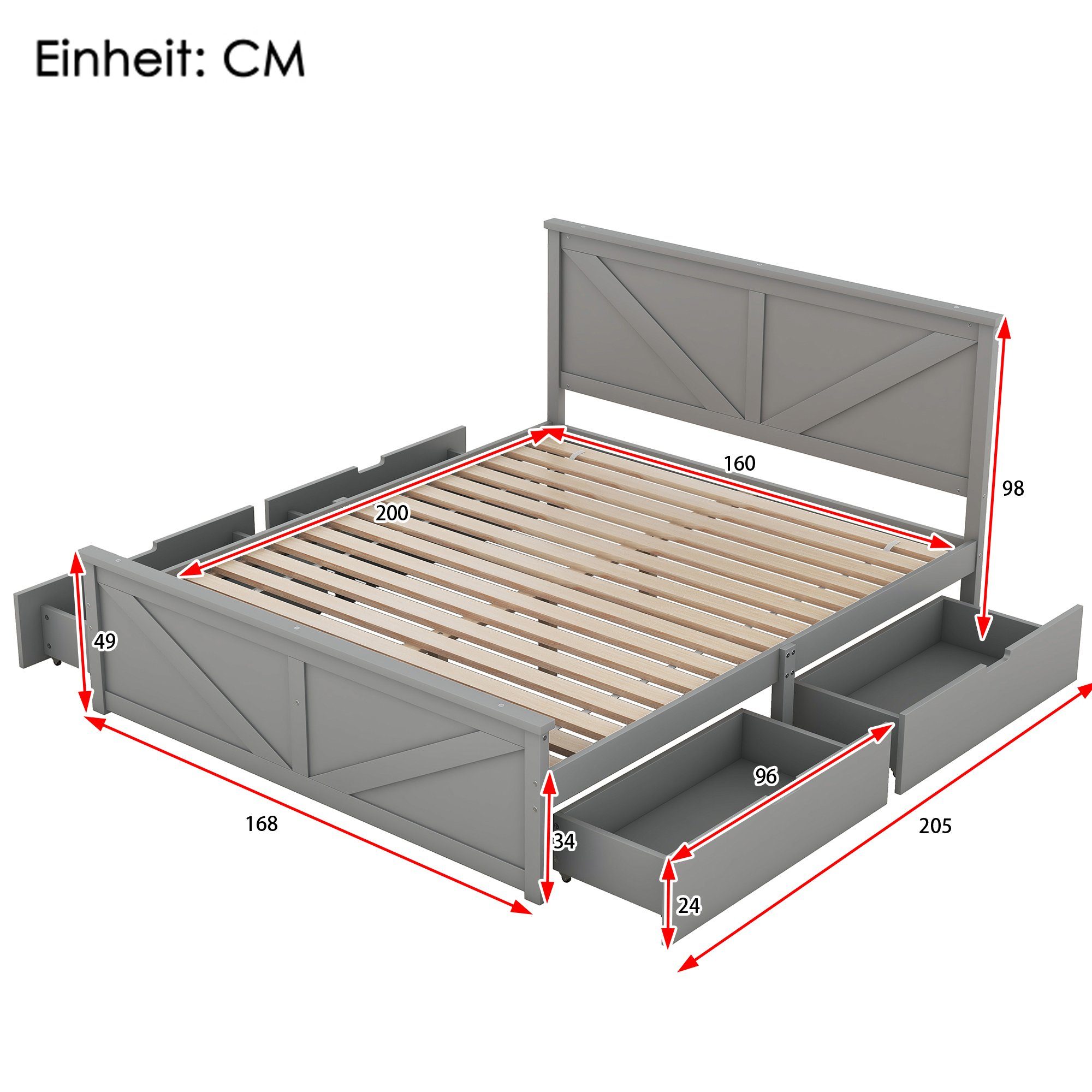 Matratze Grau mit Schubladen, Ohne Einfaches Holzpritschenbett vier REDOM 160x200cm Funktionsbett