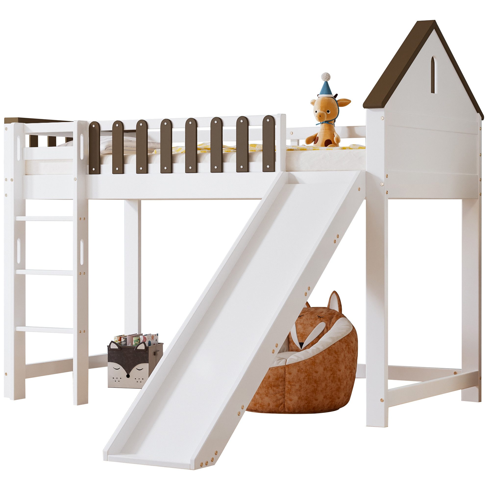 Hochbett Kinderbett mit Dach, Fenster und Rutsche – Dreistufige Leiter