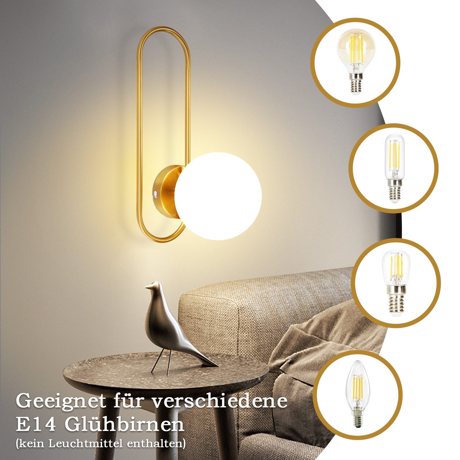 Nettlife Wandleuchte Wandleuchte Innen E14 Glaskugel Gold, LED wechselbar, günstig online kaufen