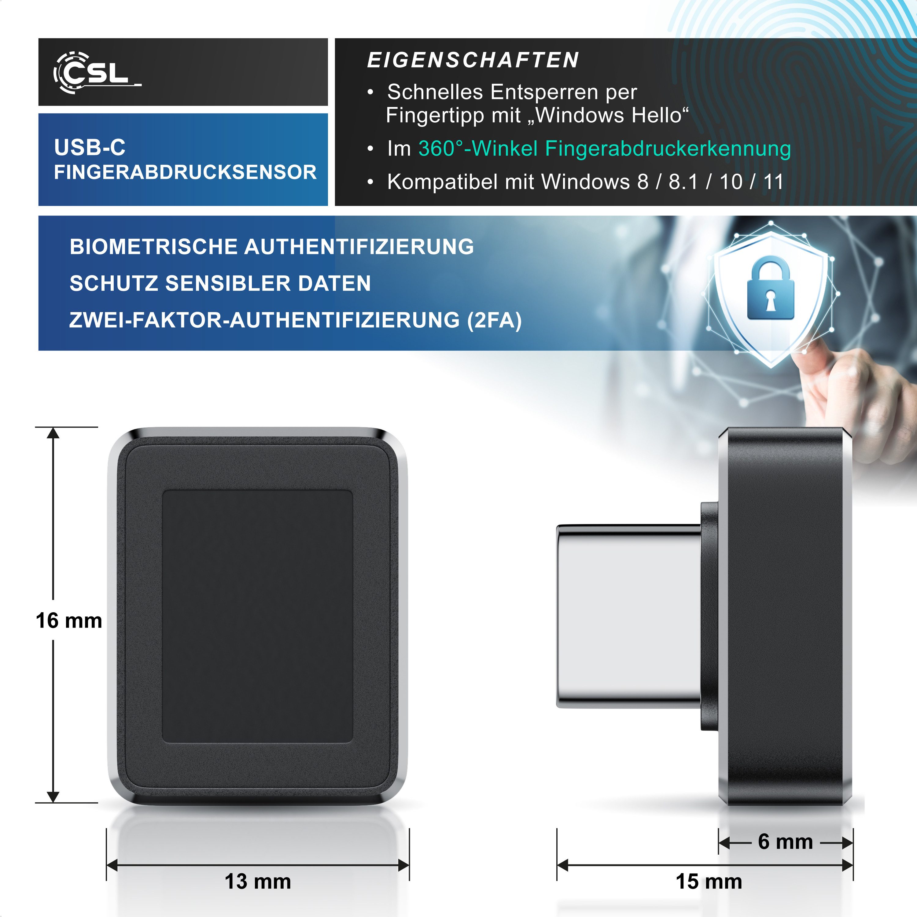 Aplic Fingerabdrucksensor Fingerabdruckleser für bis zu 10 IDs, USB Typ C Fingerprint Key Reader, (1-St), Windows 11 Hello, Plug & Play, PC, Notebook, Laptop, Finger Scanner