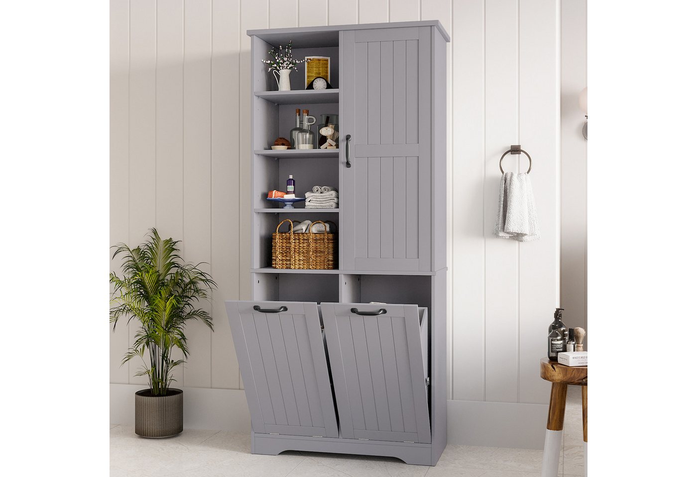 Flieks Badkommode Badezimmerschrank mit doppelter Wäschekorb und 7 Fächern (B78/T35/H172,7 cm, 1 St., Wäscheschrank mit verstellbaren Einlegeböden, Volllackierung), Hochschrank mit 2 Klappen feuchtigkeitsbeständig Holzschrank Grau
