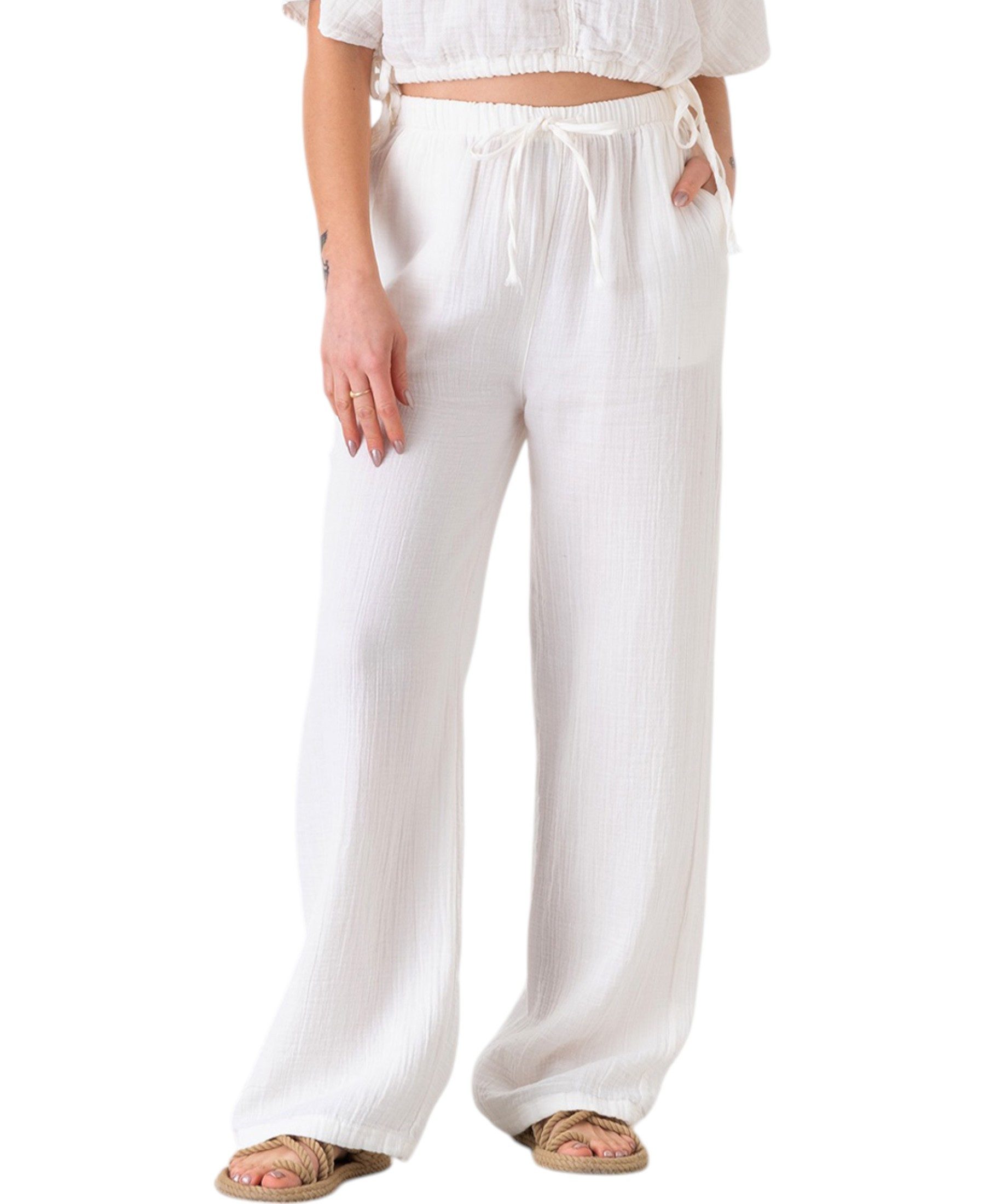 WENOR Palazzohose Damen Musselin-Hose - Sommerhose 100 % Baumwolle, elastischer Bund Weiter Beinverlauf, Musselinstruktur, luftiger Schnitt