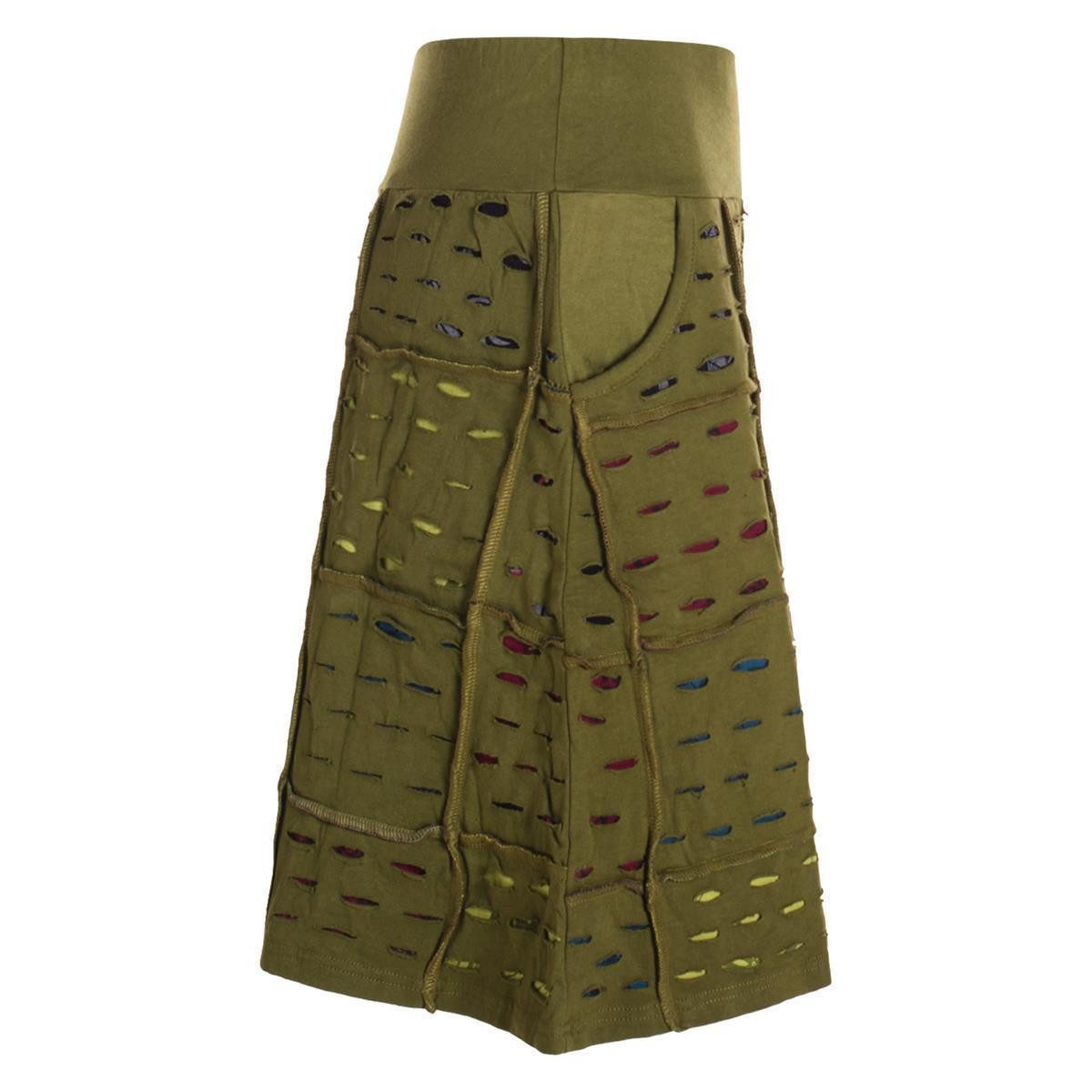 Vishes A-Linien-Rock Damen knielang Rock Baumwolle Cutwork Design A-Linie elastischer Bund Alternative Bekleidung, Ethno, Hippie, Retro Style