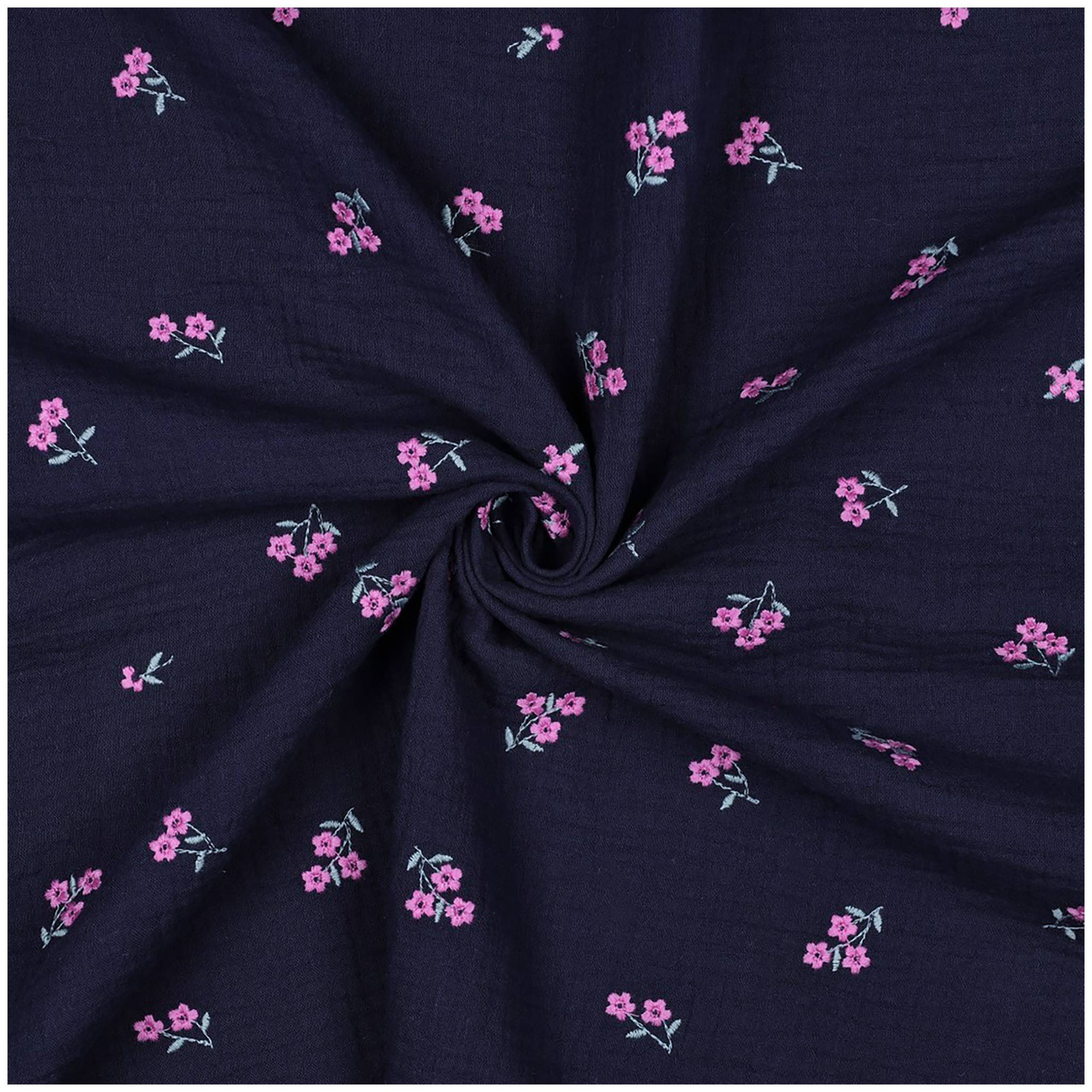 maDDma Stoff Musselin Blumen bestickt Uni Double Gauze 1/2 Meterware Sommerstoff, marineblau