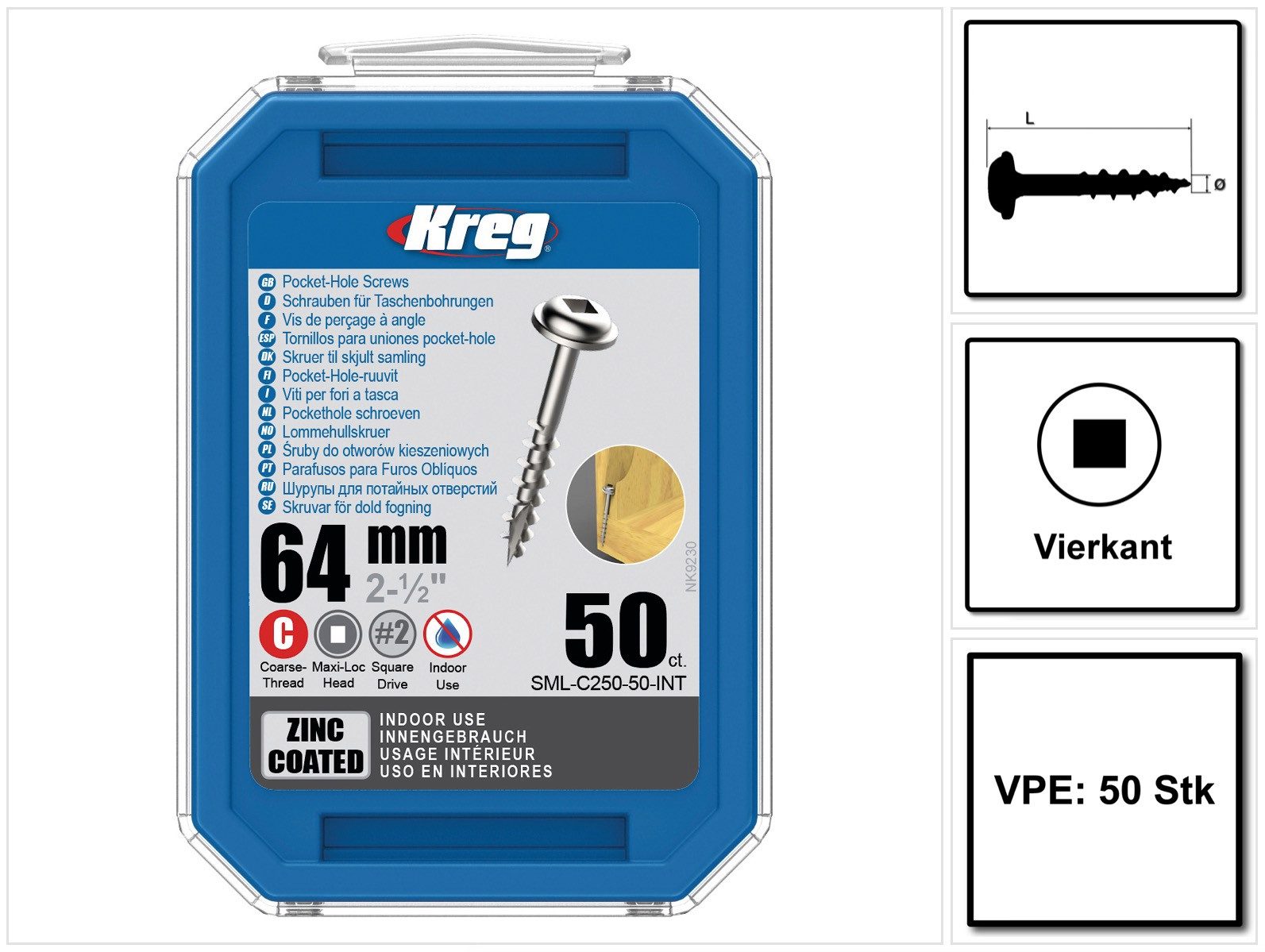 Kreg Schraube Pocket-Hole Linsenkopfschraube 64 mm 50 Stk (SML-C250-50)