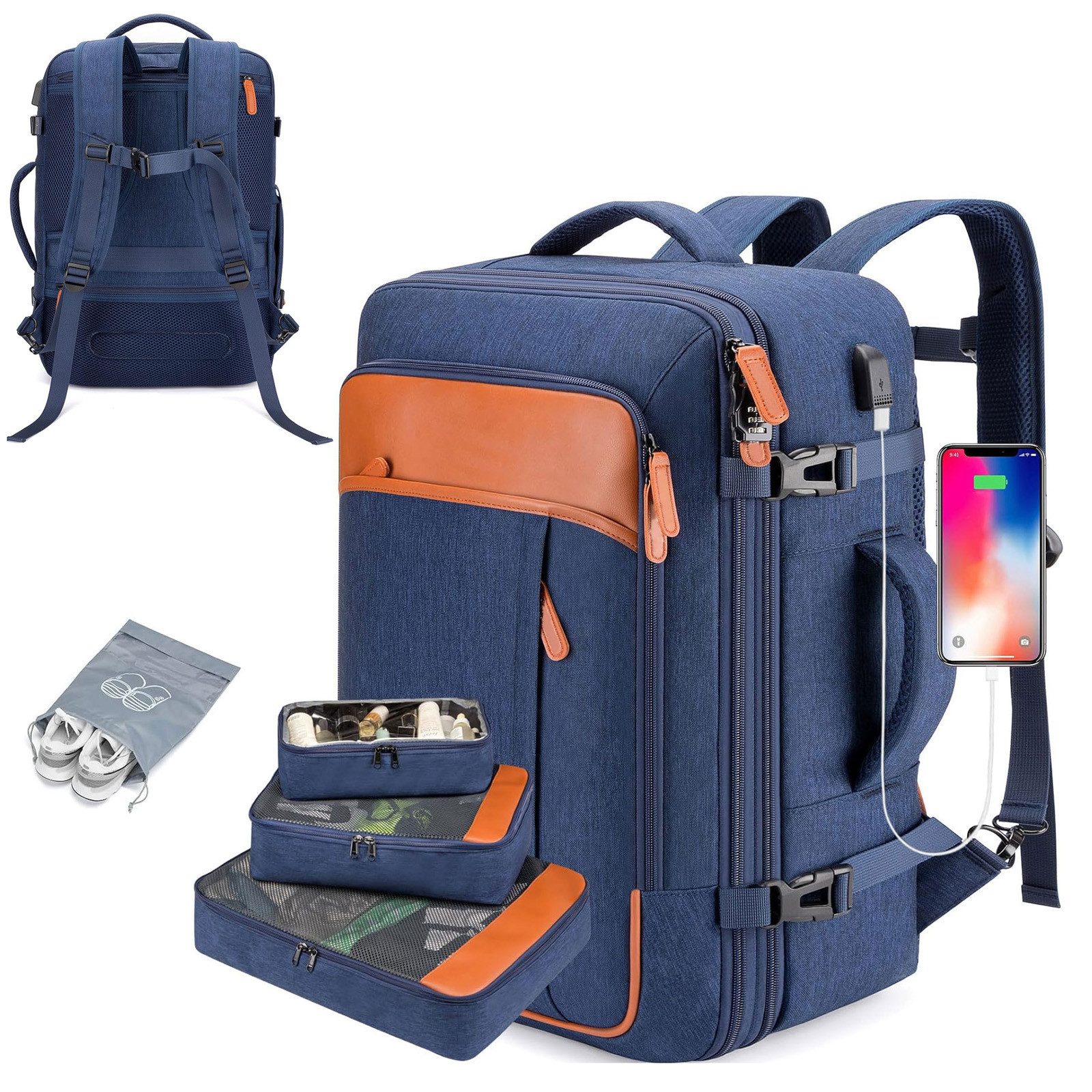 OKWISH Reiserucksack Laptoprucksack Freizeitrucksack Handgepäcktasche (mit 4 Aufbewahrungstaschen Reisen Multifunktion Tasche, Anti-Diebstahl, Schultergurten, mit Laptopfach, wasserdichtem Nylon), für Herren Damen Jungen Teenager Arbeit Business Unterwegs