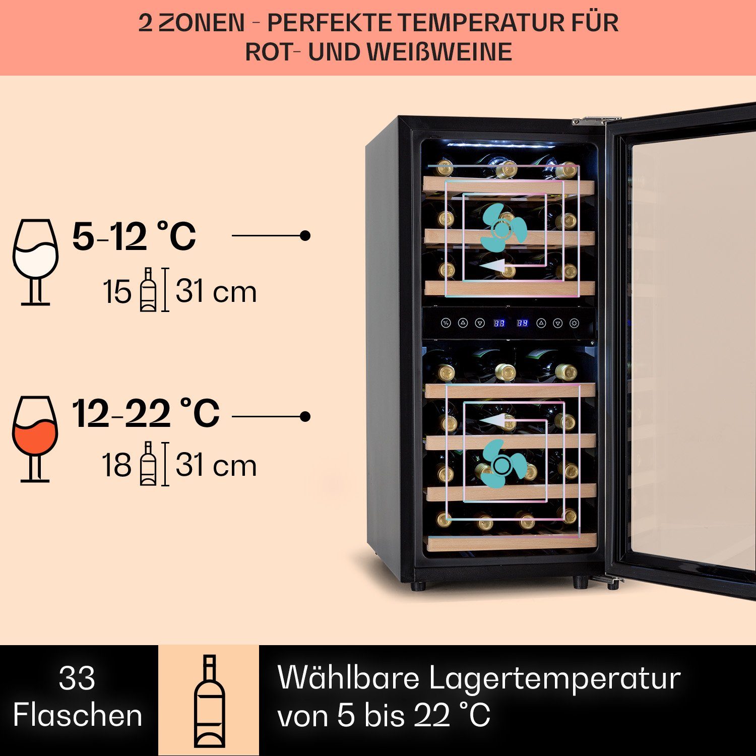 0,75l Edelstahl á für Standardflaschen Klarstein Vinamour, 33 Weinkühlschrank