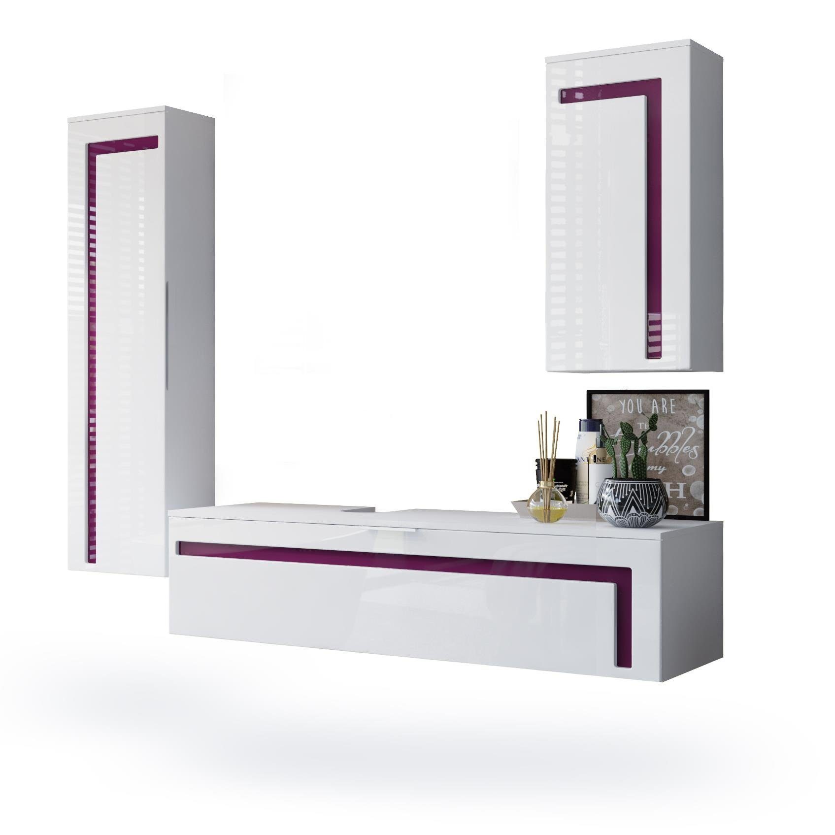 Vladon Badmöbel-Set Aloha, (Badezimmer-Set, mit 2 Hochschränken und 1 Unterschrank), Weiß matt&glänzend, Absetzungen in Brombeer glänzend (210x51x185 cm)