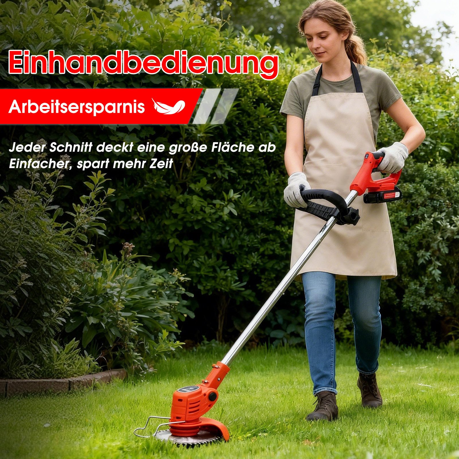 OUTIGO Akku-Rasentrimmer Akku-Rasentrimmer mit 3000mAh 21V Akku, Verstellbarer Teleskopstiel, 15 cm Schnittbreite, 4 Arten Klingen, Teleskop-Stiel/zusammenklappbar