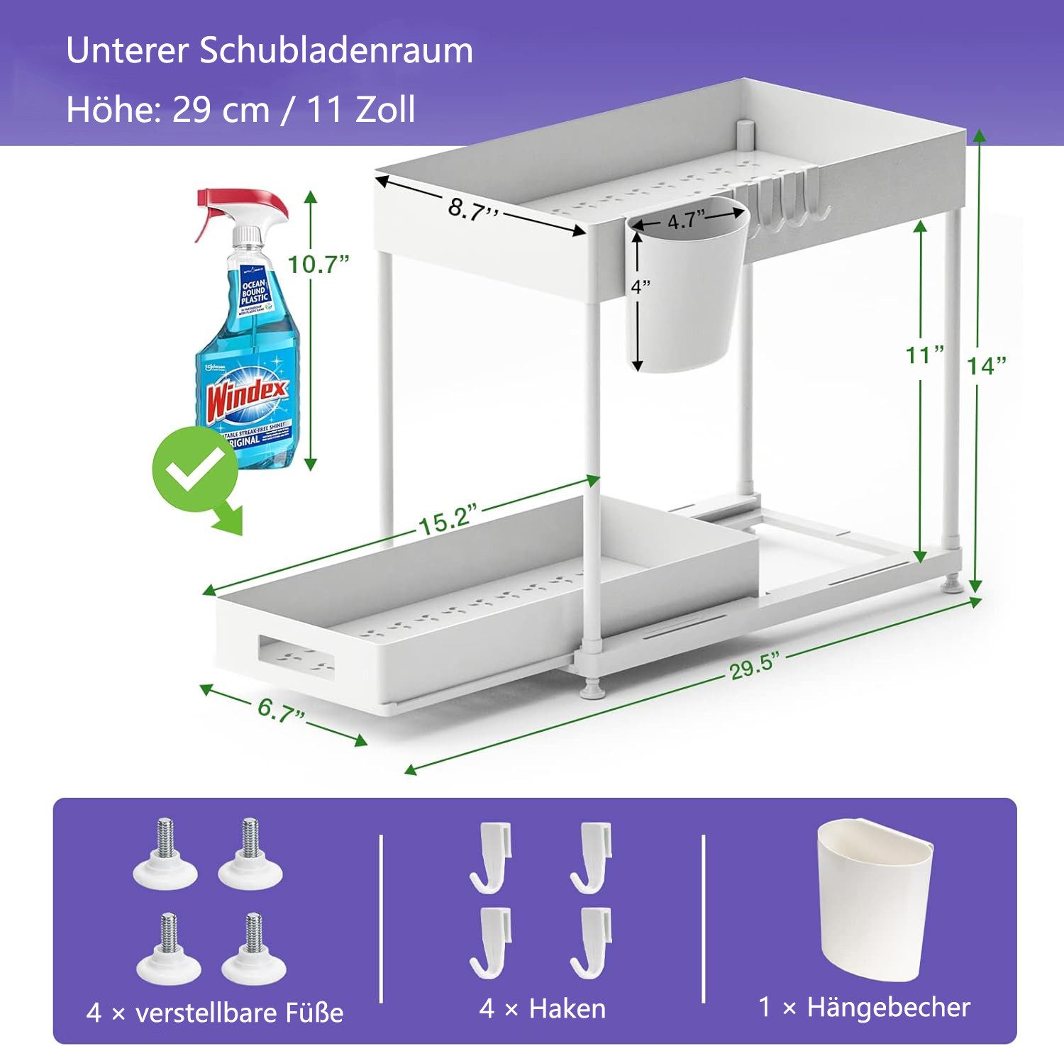 Refined Living Ablageregal Waschbecken Regal, Küchenschrank Organizer, Spülschrankregal Organizer, Lagerregal mit 2 Ebenen, mit Schiebeschublade, 4 Haken und 1  – Bild 5 von 5