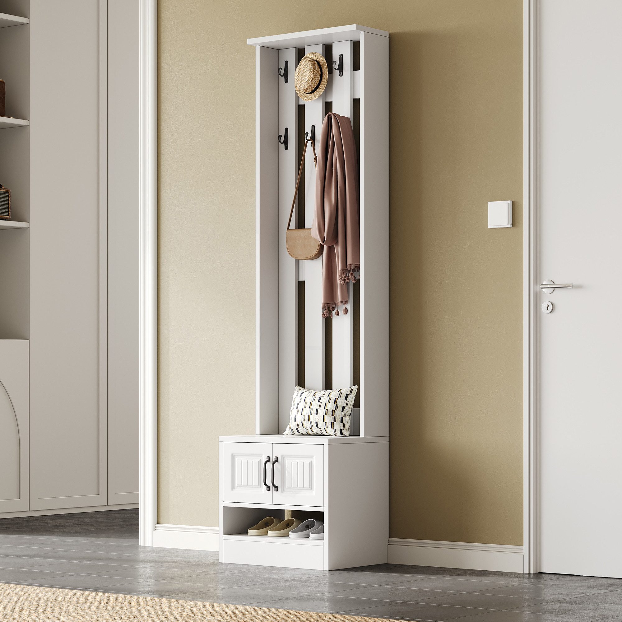 Merax Garderoben-Set Garderobenständer, 2-in-1 Garderobe, (1-St., mit Schuhschrank und 8 Haken, Flurmöbel), Flurgarderobe, Garderobenbank, 50×36×190 cm