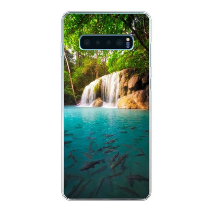 MuchoWow Handyhülle Angeln im Wasser im Erawan-Nationalpark mit Blick auf einen Wasserfall Phone Case Handyhülle Samsung Galaxy S10 Lite Silikon Schutzhülle