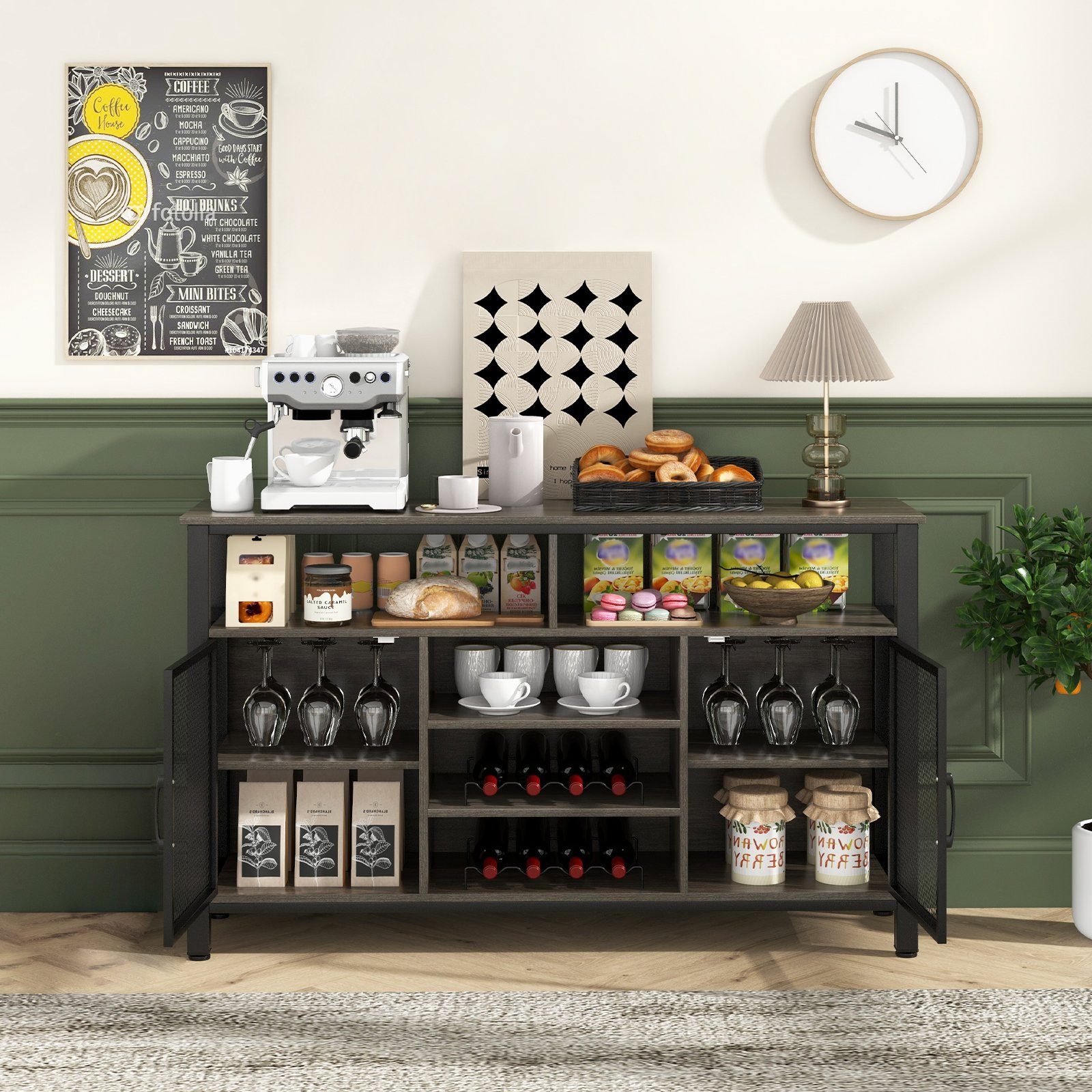 COSTWAY Sideboard, Küchenschrank mit 2 Metallgittertüren, Weinregalen, 140cm