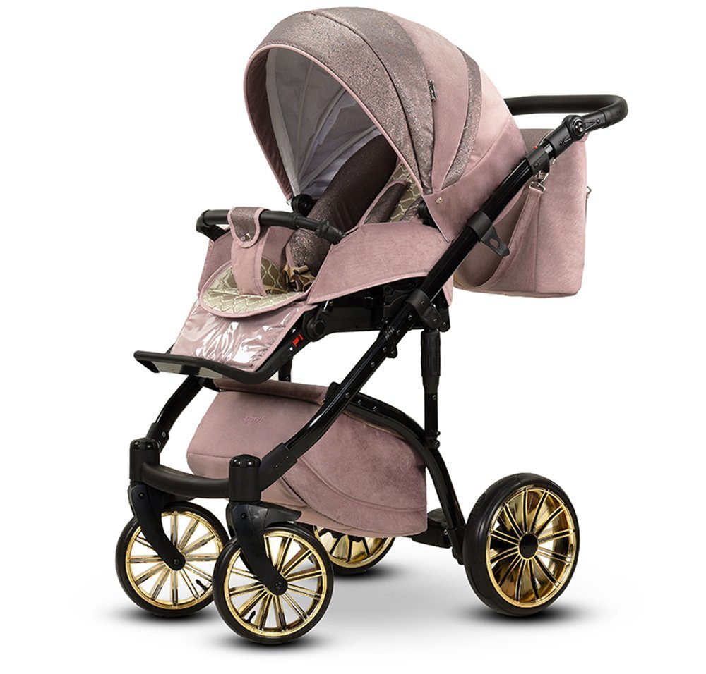 1 - 3 babies-on-wheels Lux 16 Farben Kinderwagen-Set 12 - Teile Rosa-Gold-Dekor Kombi-Kinderwagen in in Vip