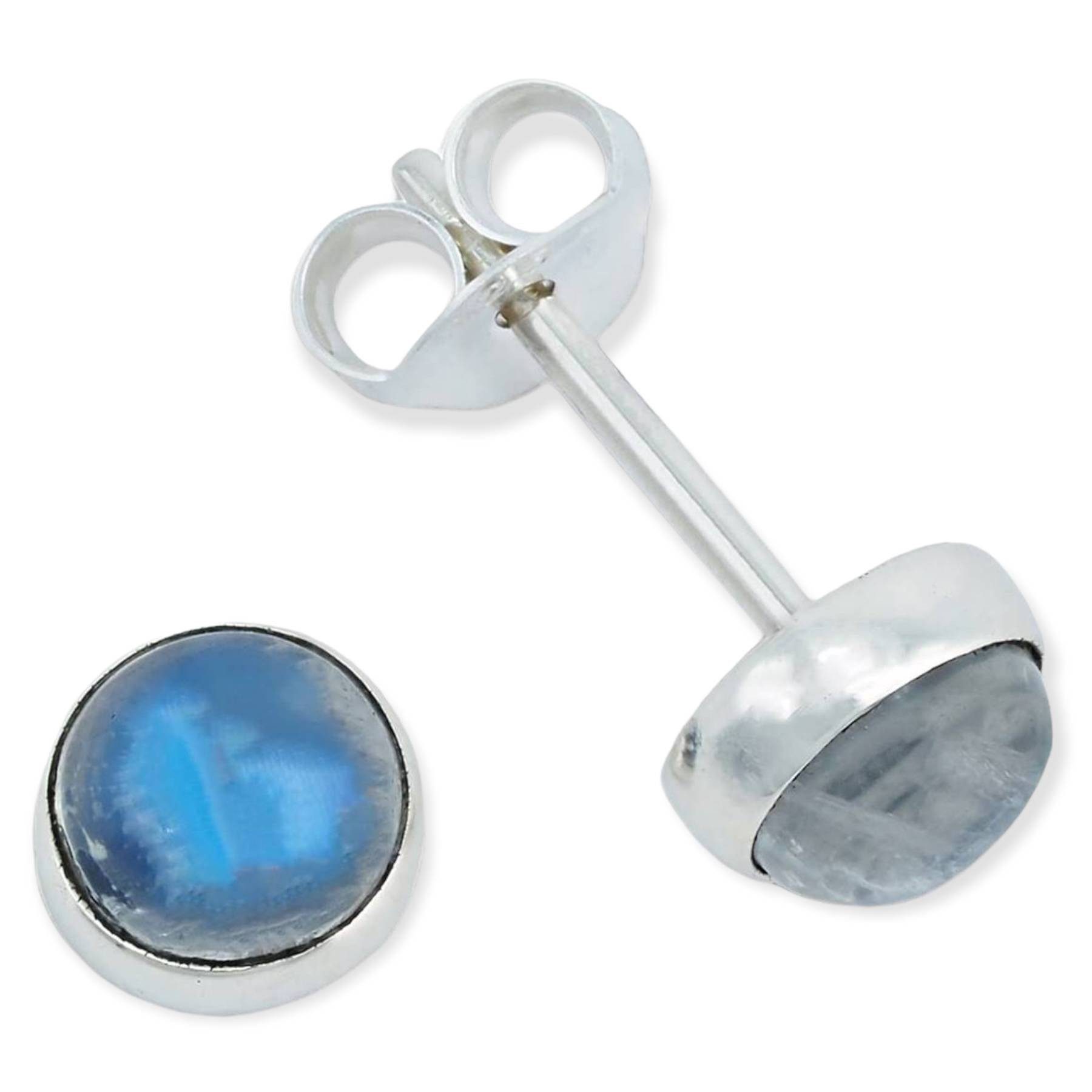 mantraroma Paar Ohrstecker SAMA rund klein aus 925 Silber mit Regenbogen Mondstein (Paar, Paar Ohrringe mit Schmuckbeutel), 925 Sterling Silber Ohrringe für Damen