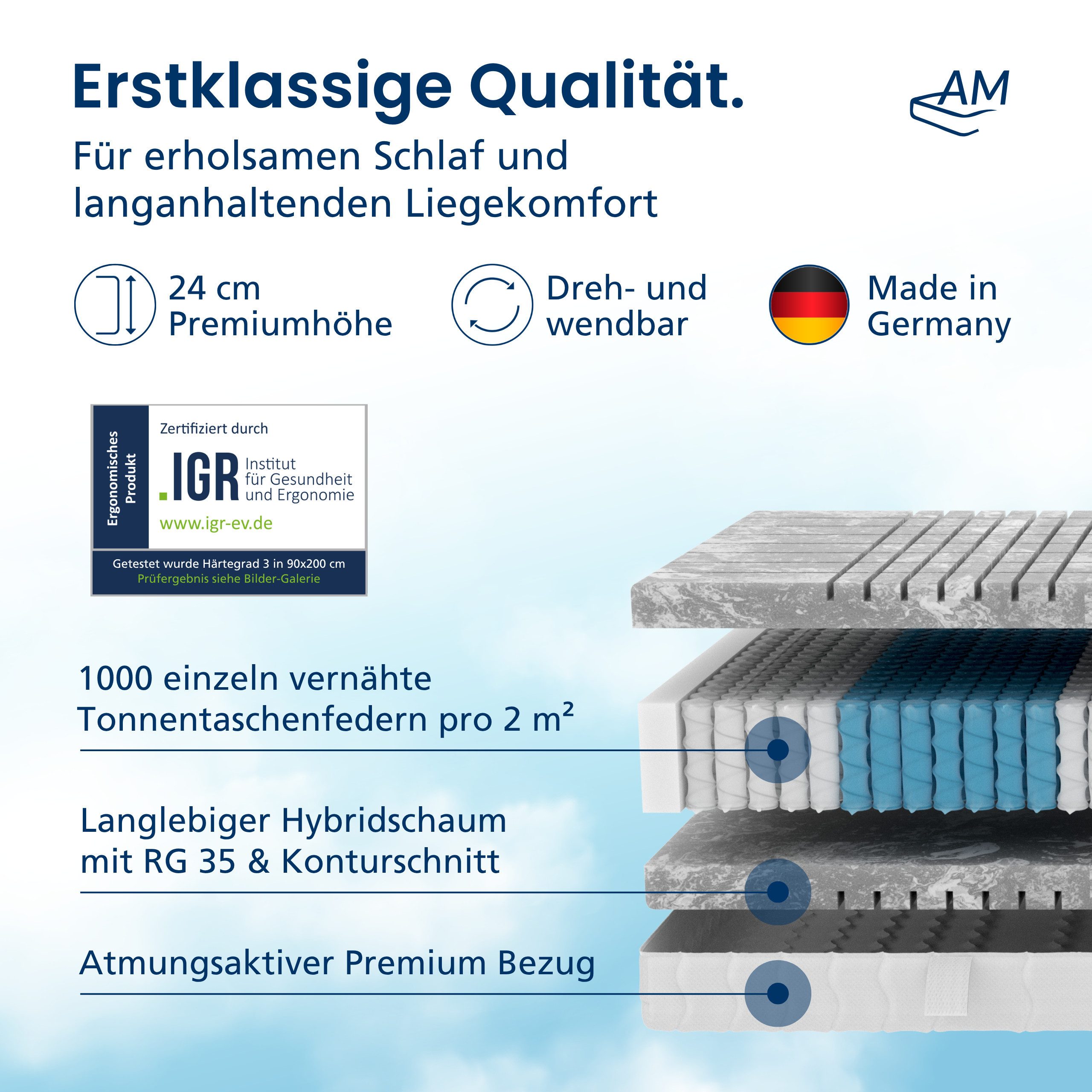 Taschenfederkernmatratze Deluxe 7-Zonen Federkernmatratze mit 3D Kaltschaum, Optimale Anpassung, AM Qualitätsmatratzen, 24 cm hoch, 90x200 cm – Bild 3 von 5